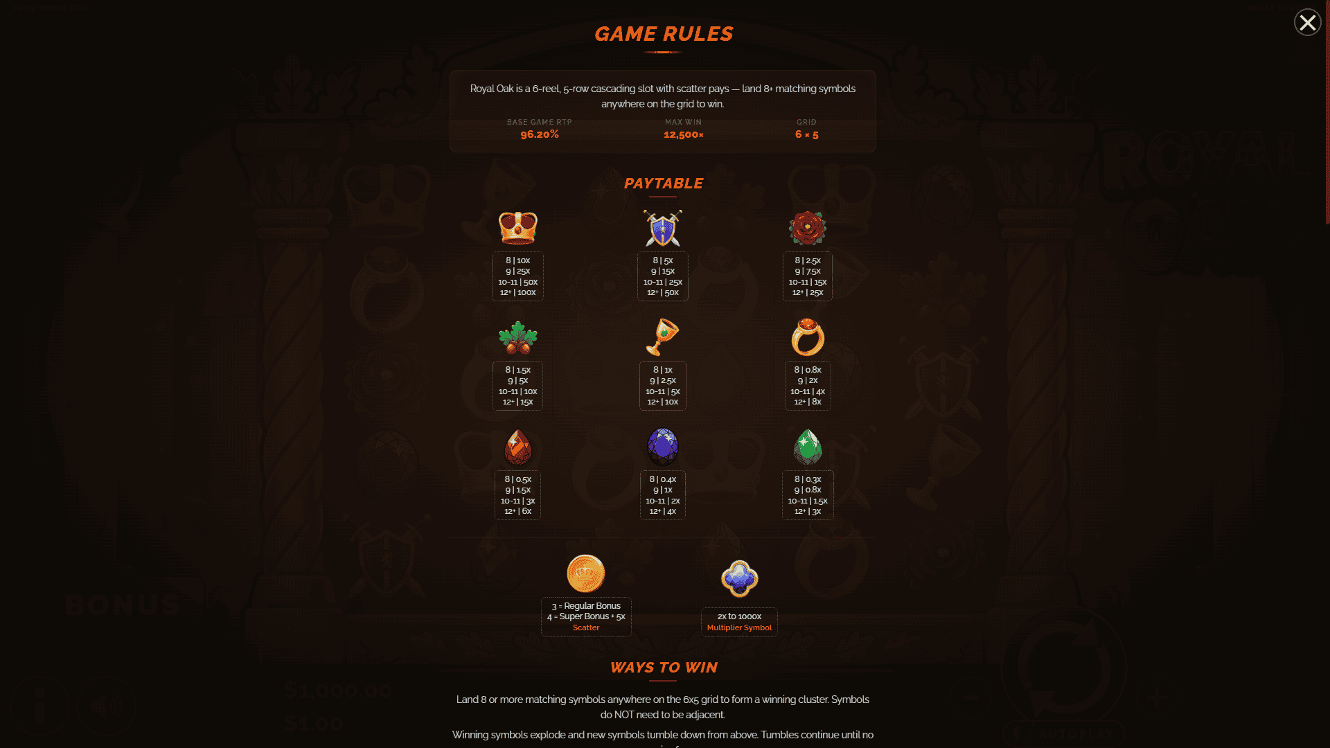 Royal Oak bonus buy menu