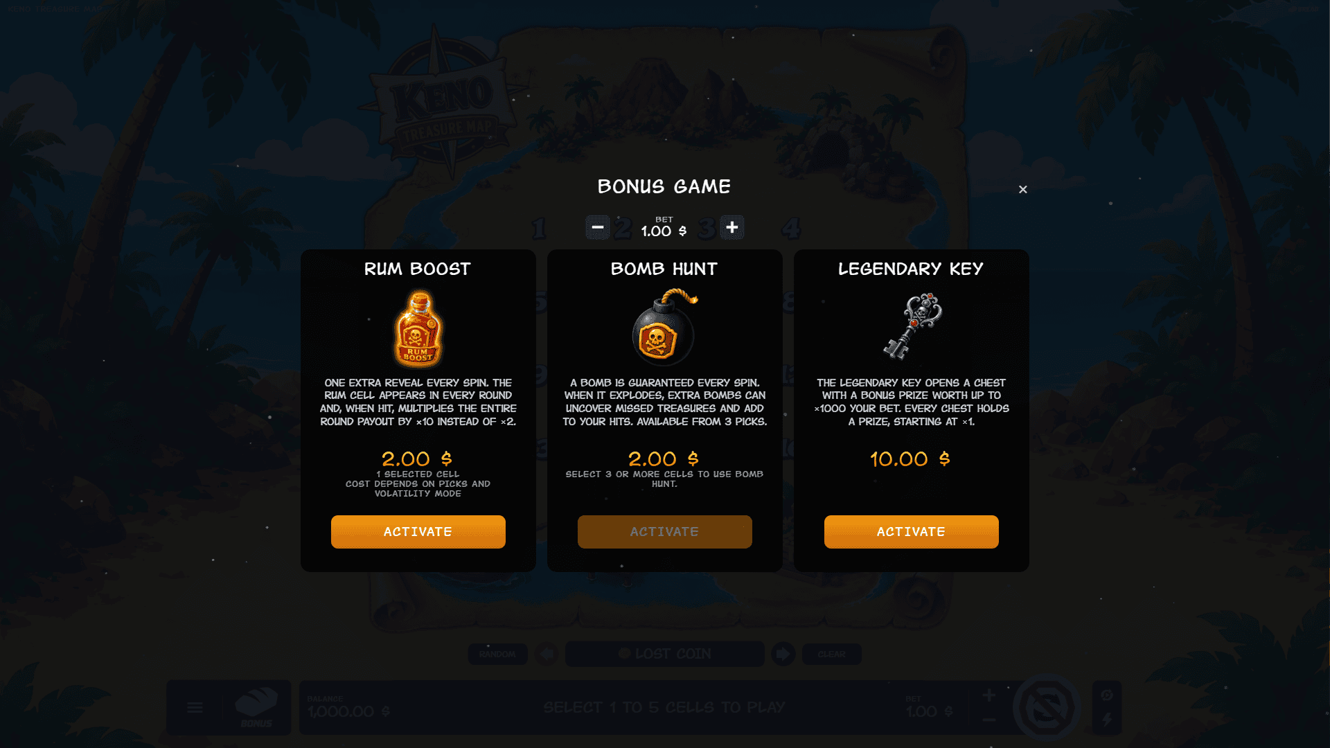 Keno Treasure Map bonus buy menu