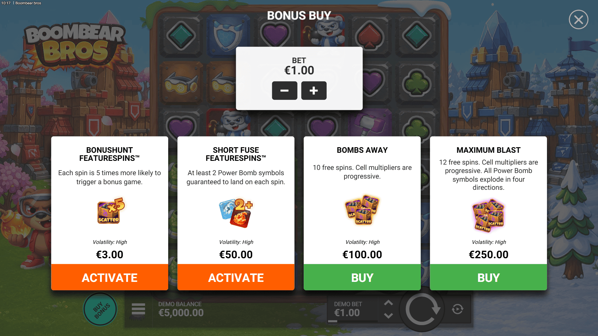 Boombear Bros Cluster Pays bonus buy menu