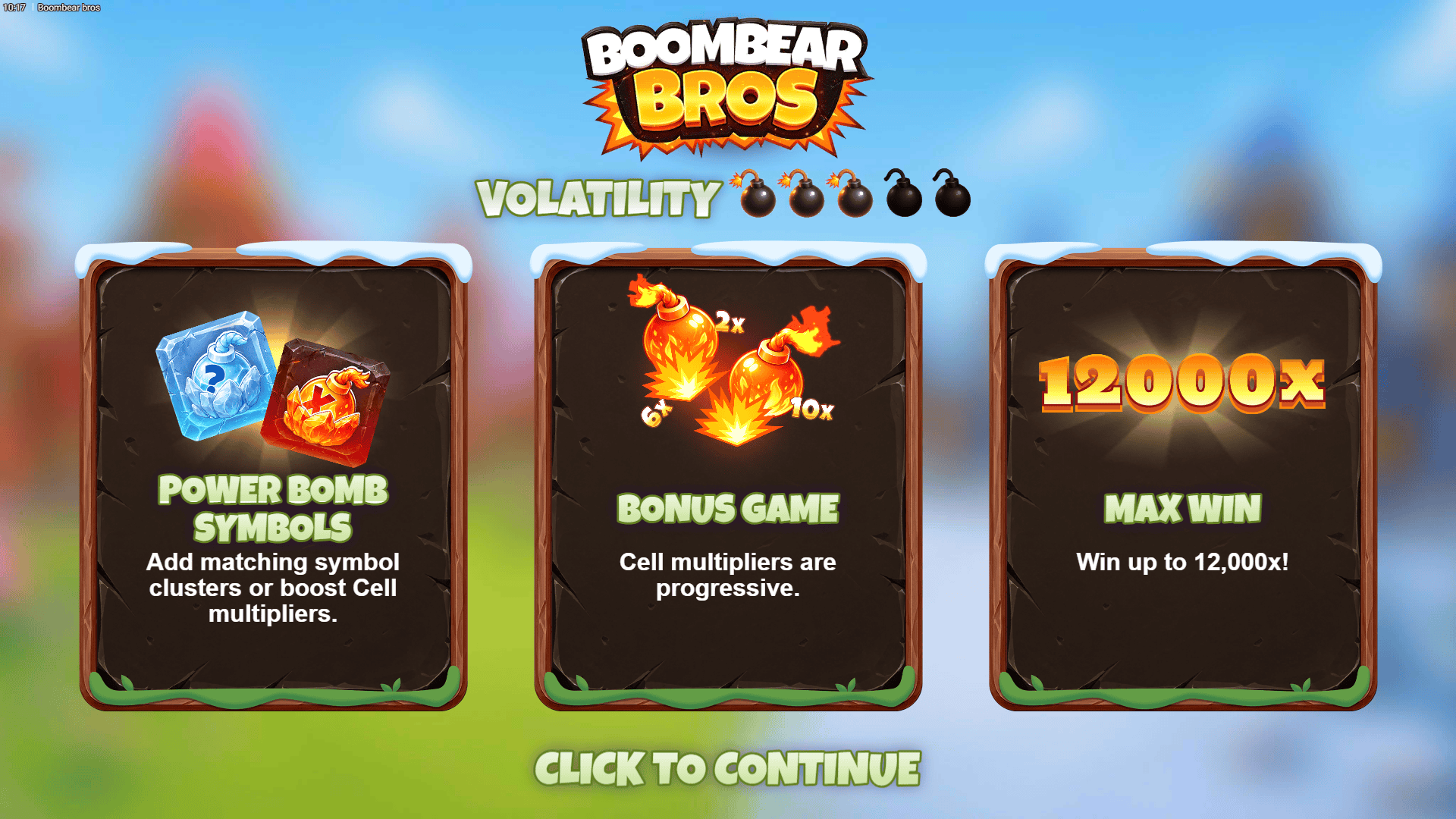 Boombear Bros Cluster Pays slot intro screen