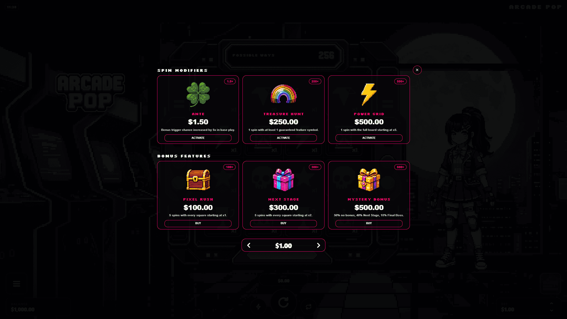 Arcade Pop bonus buy menu