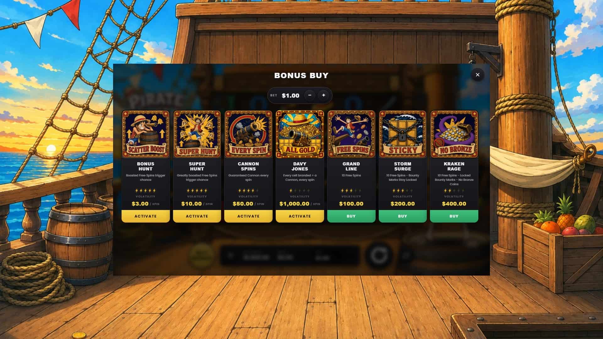 Pirate King bonus buy menu