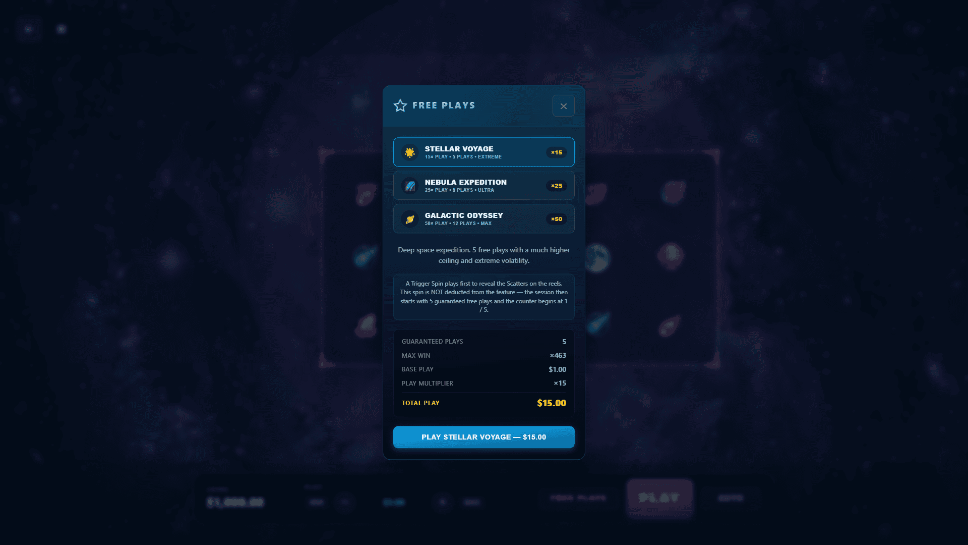 Stellar Spark bonus buy menu