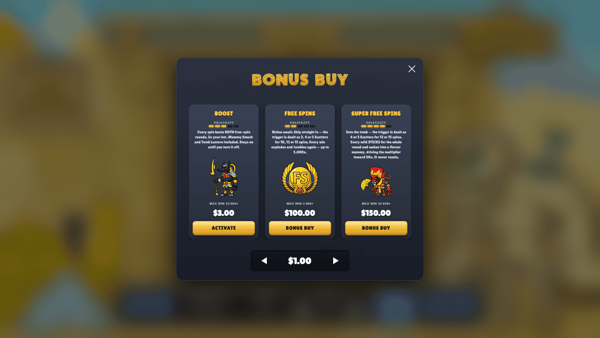 Mummys Riches bonus buy menu