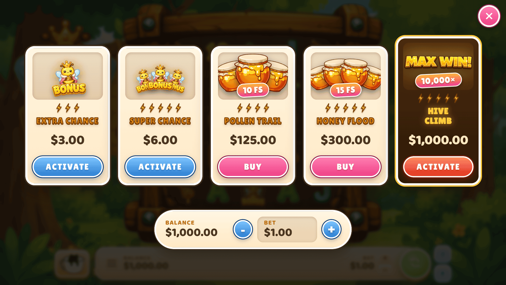 Hive Five bonus buy menu