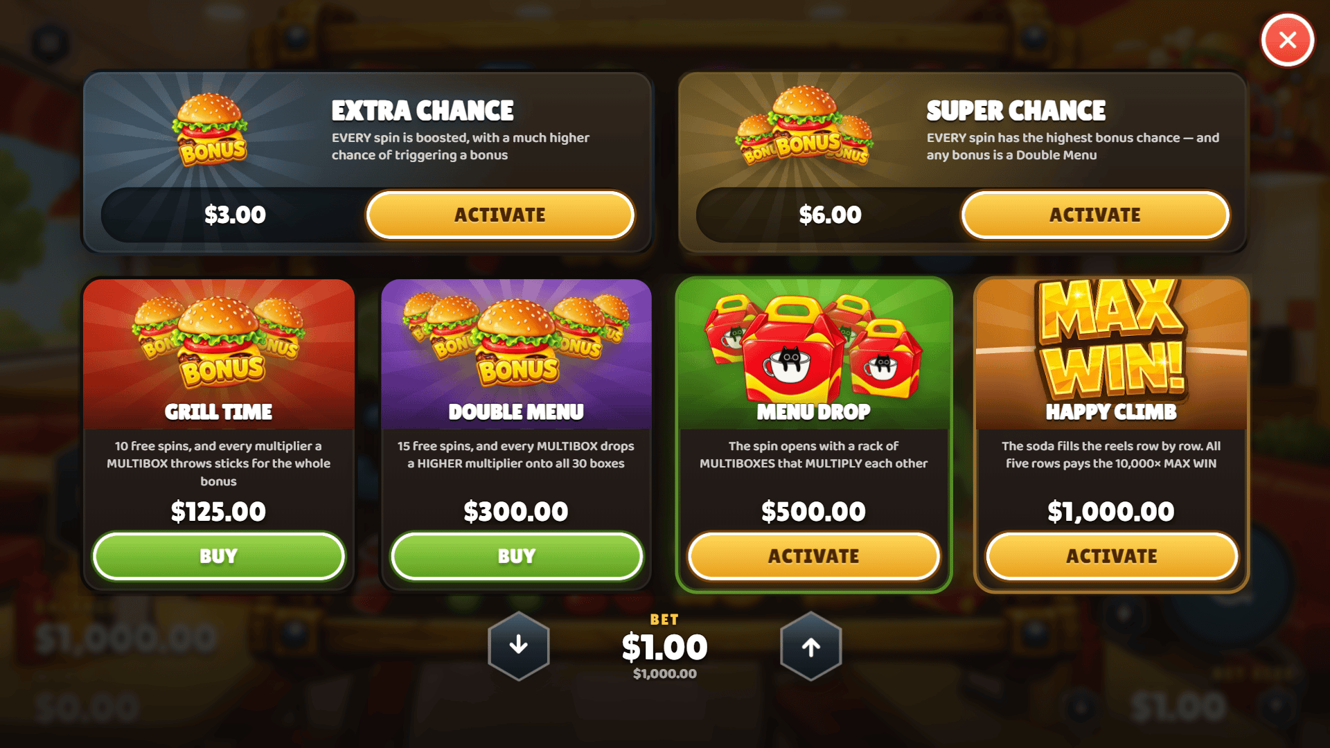 McRich Cluster Pays bonus buy menu