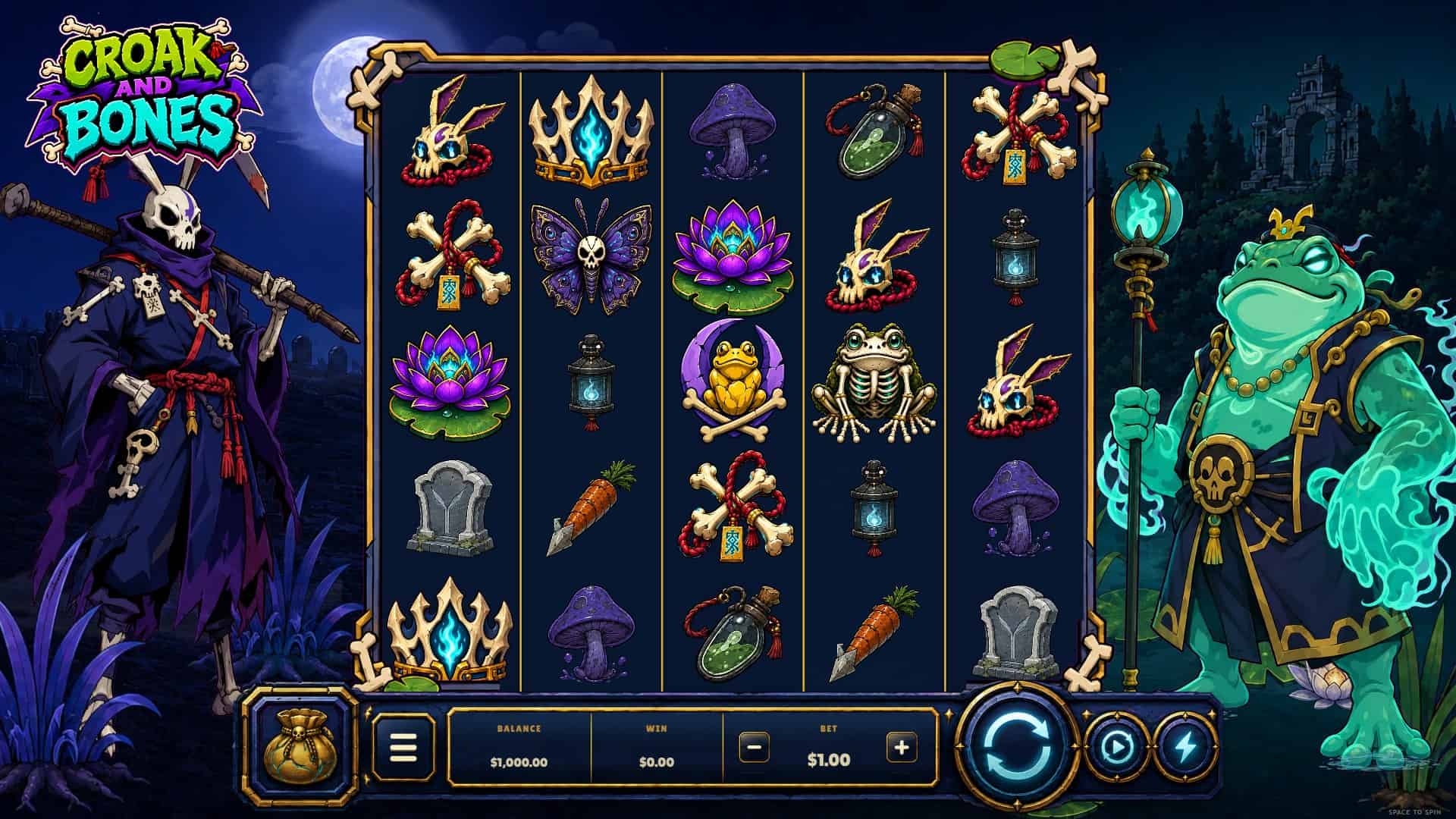 Croak and Bones slot gameplay reels