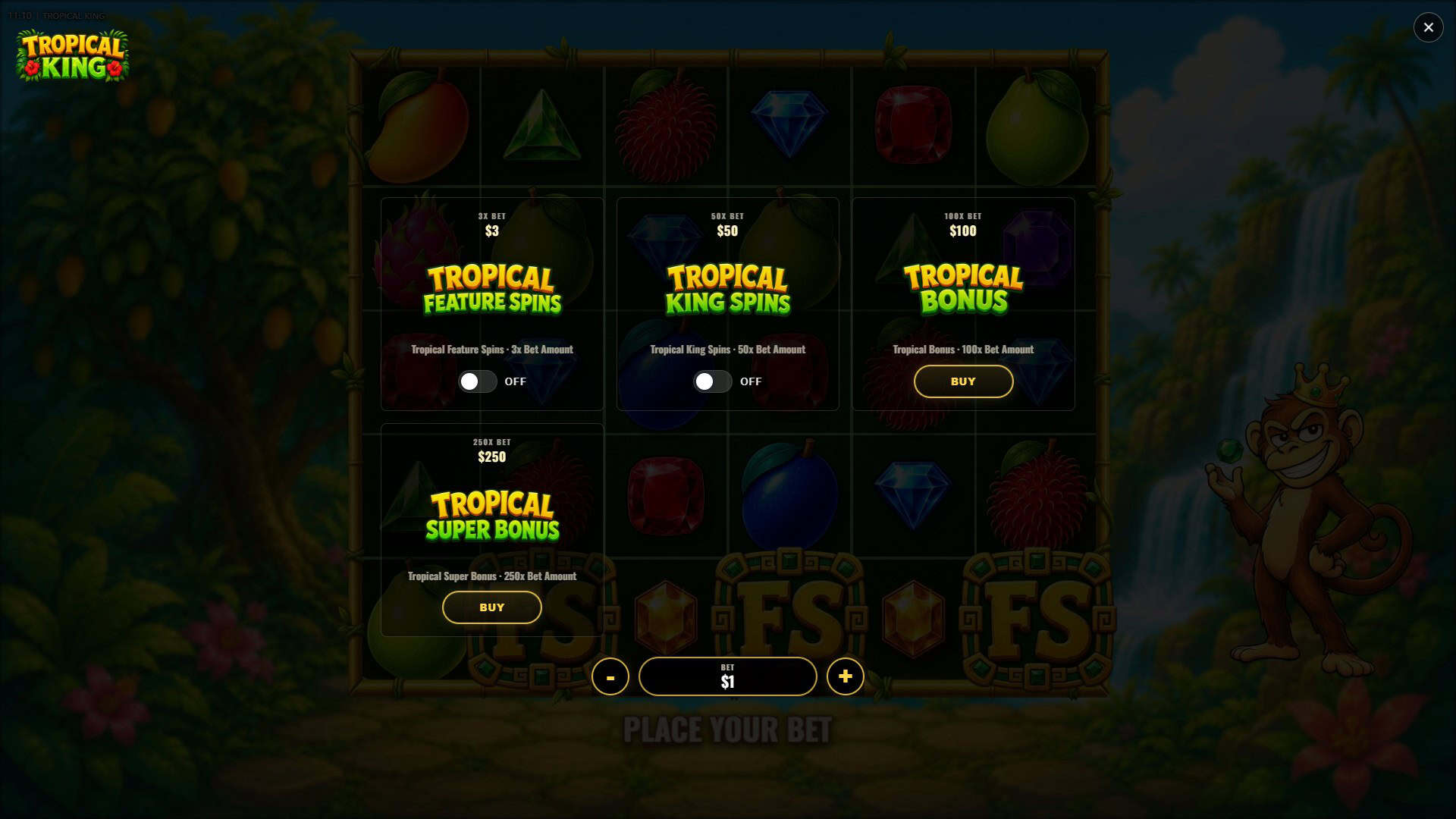 Tropical King bonus buy menu
