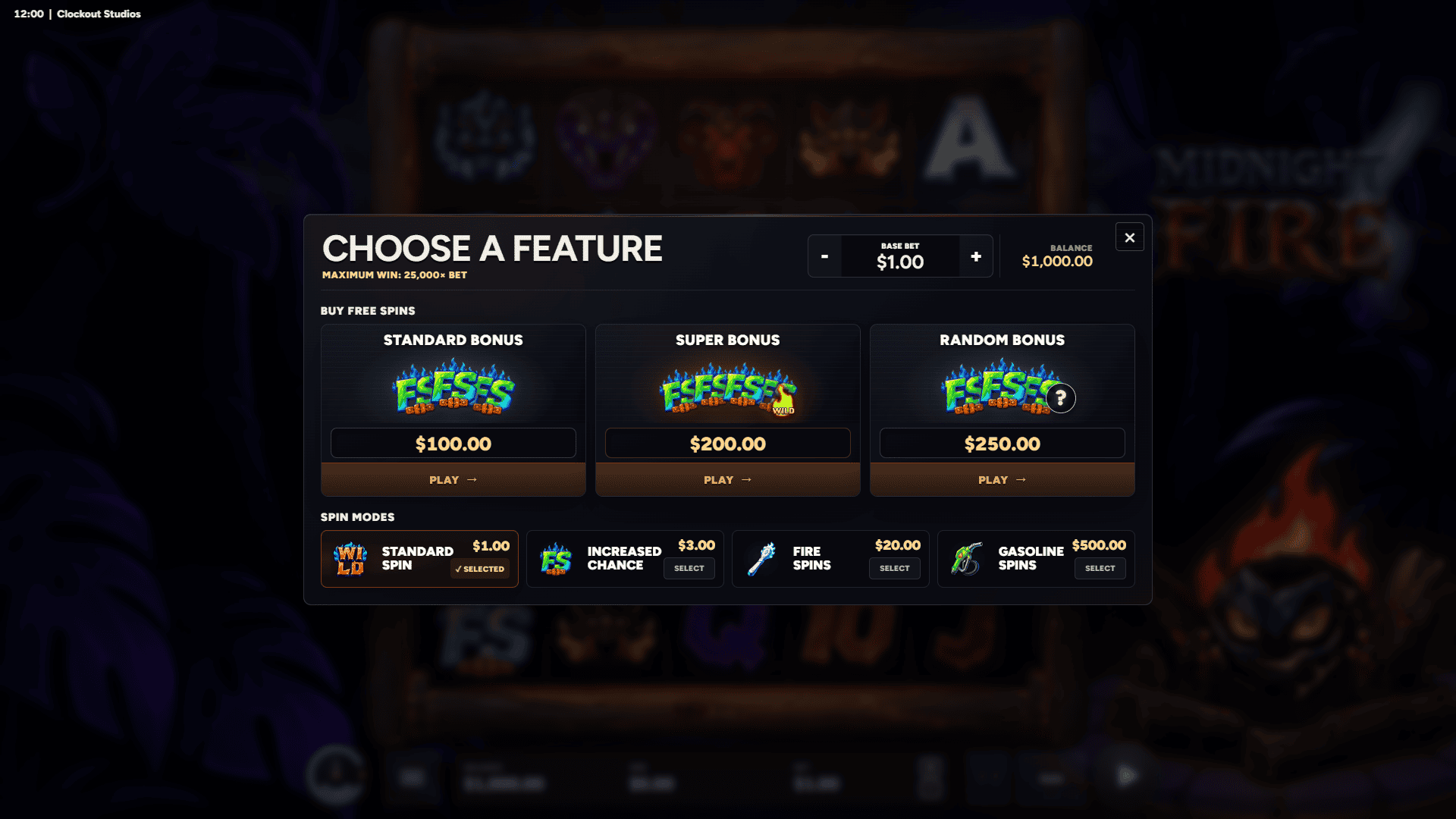 Midnight Fire bonus buy menu