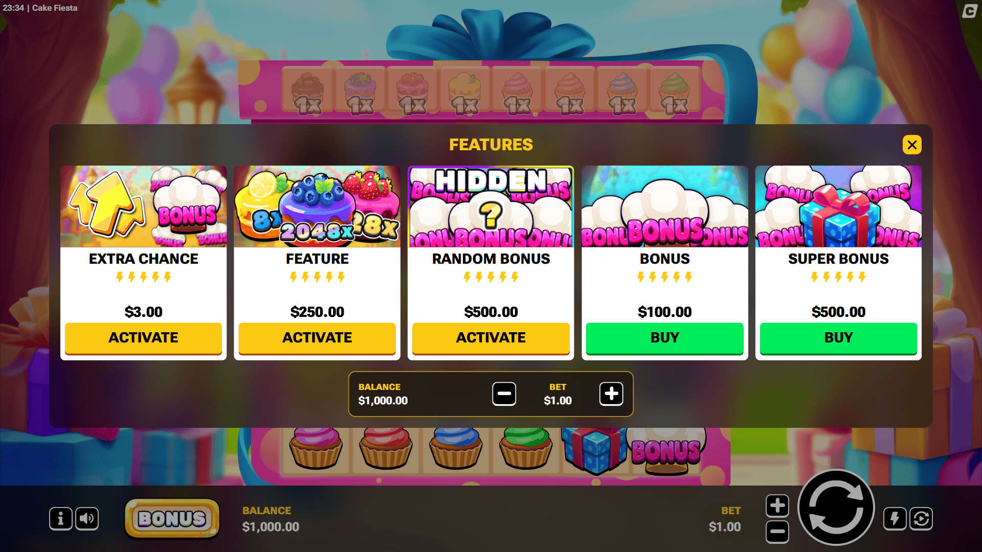 Cake Fiesta bonus buy menu