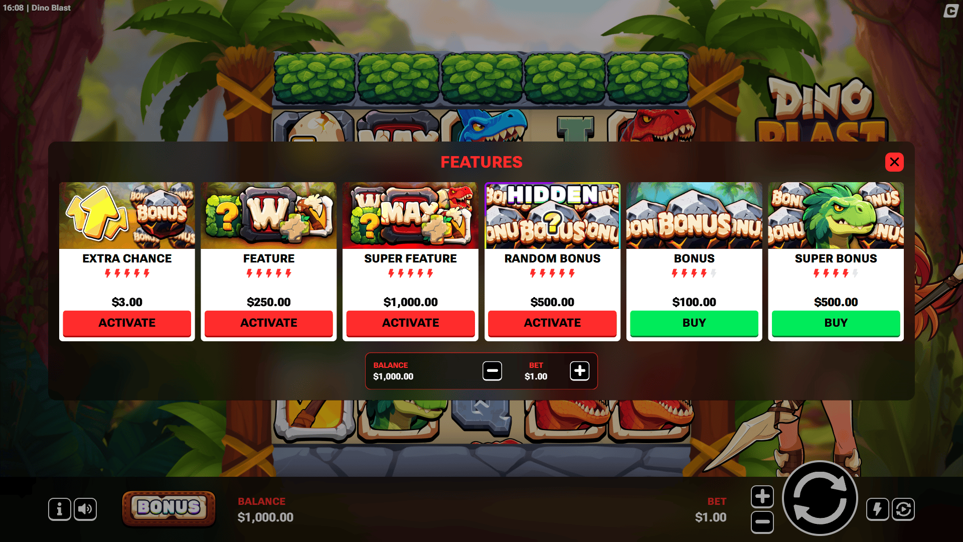 Dino Blast bonus buy menu