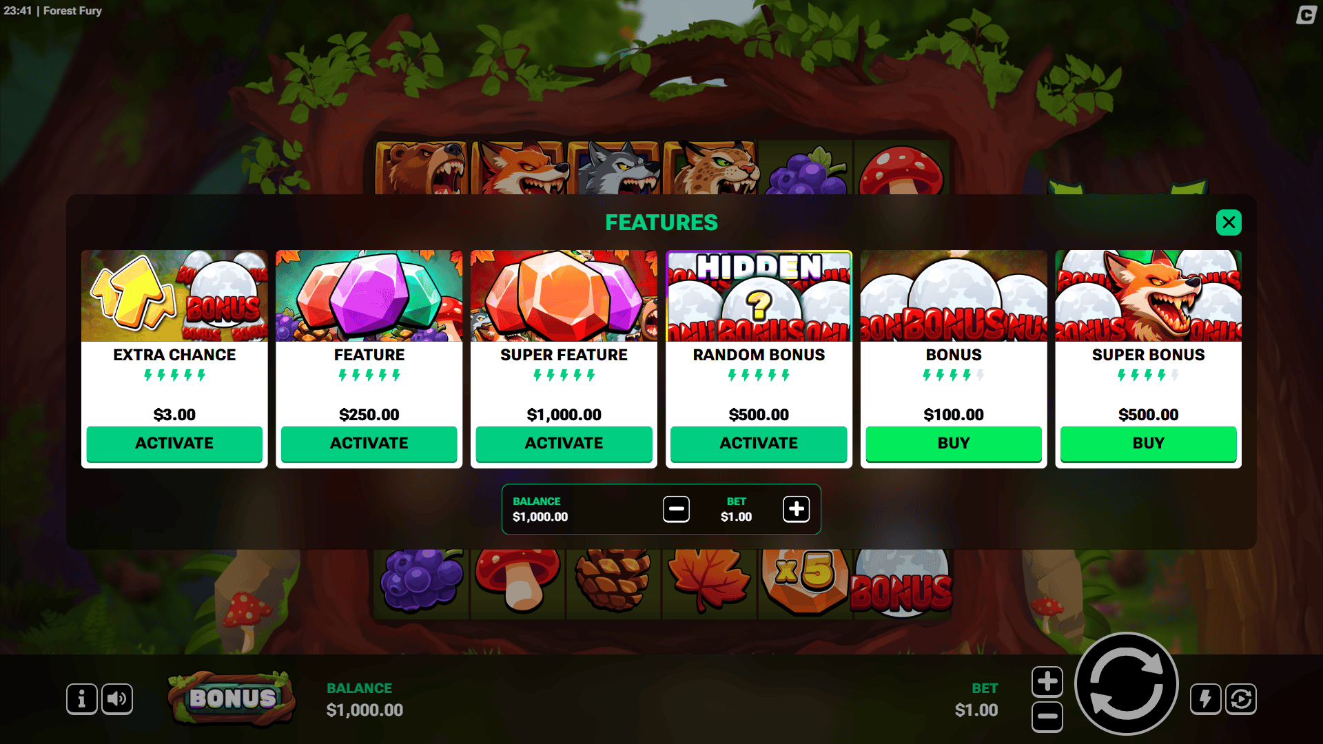 Forest Fury bonus buy menu