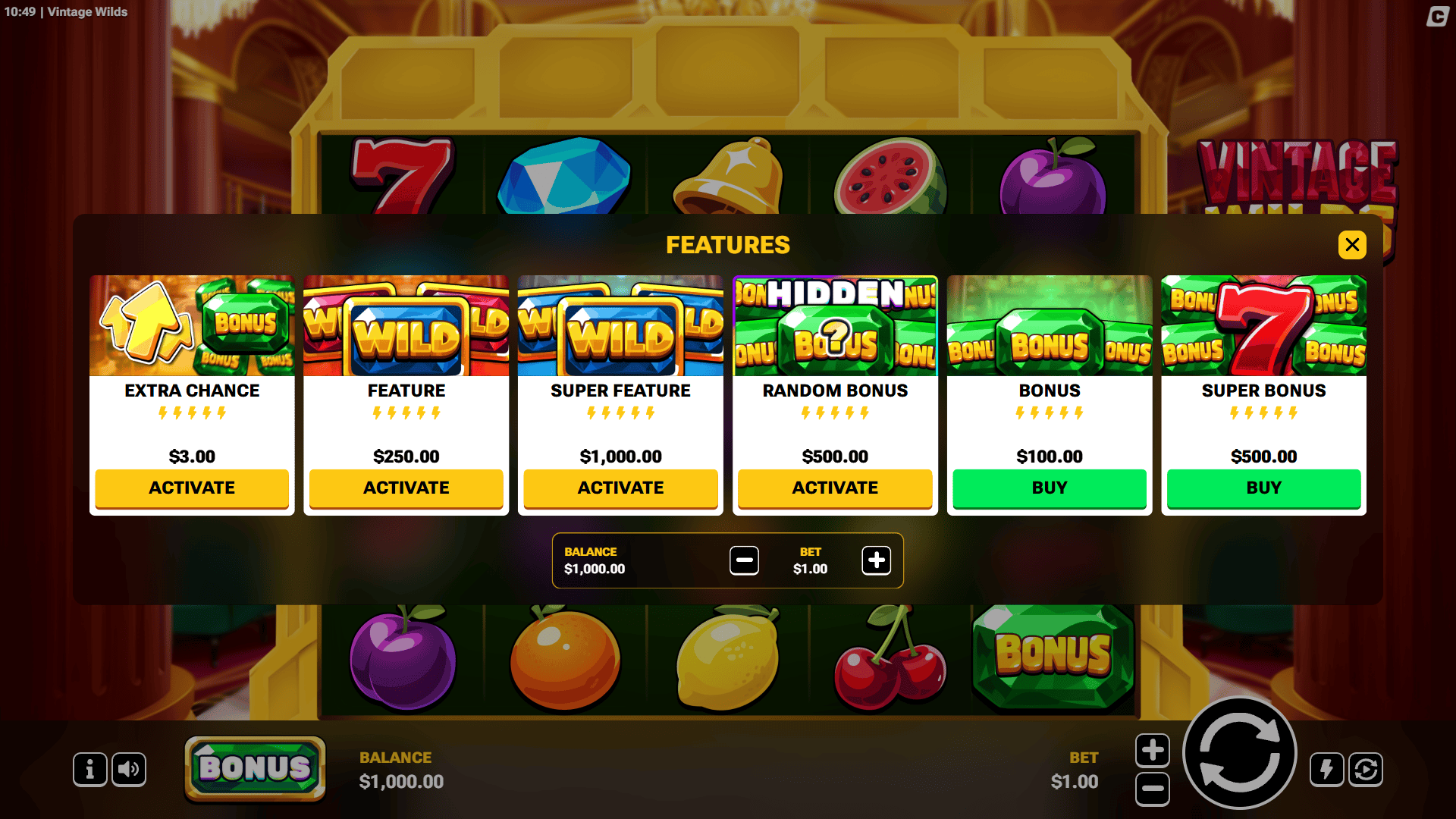 Vintage Wilds bonus buy menu