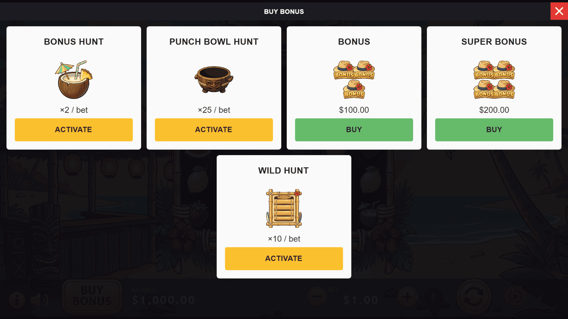 Tiki Fox bonus buy menu