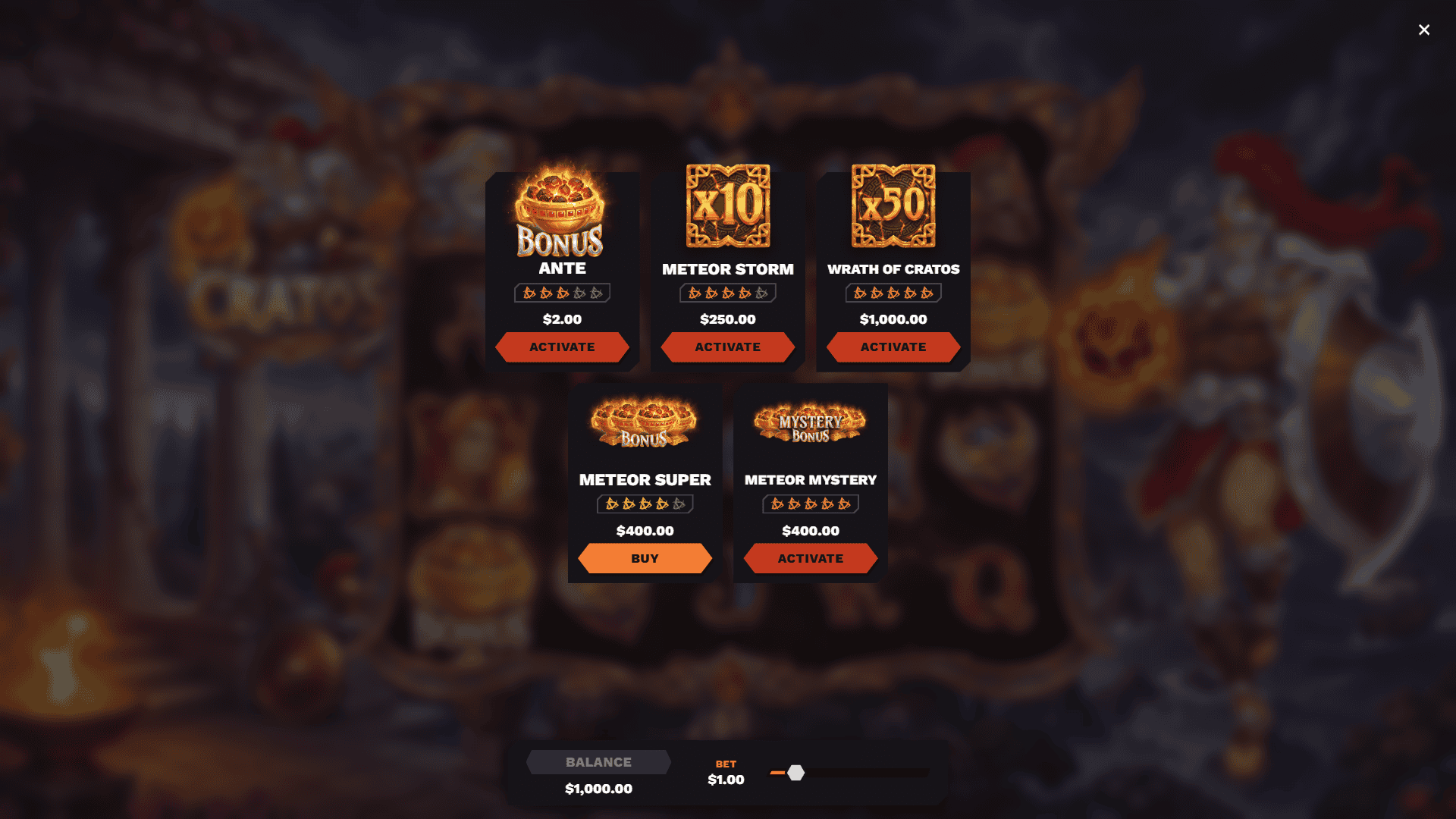 Cratos bonus buy menu