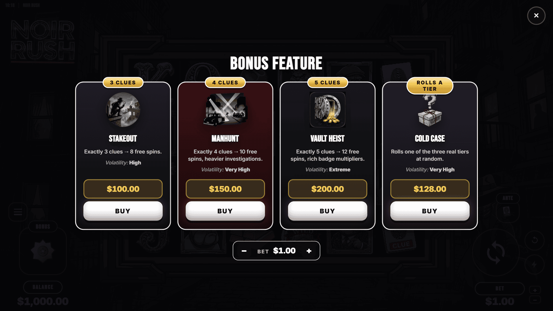 Noir Rush bonus buy menu
