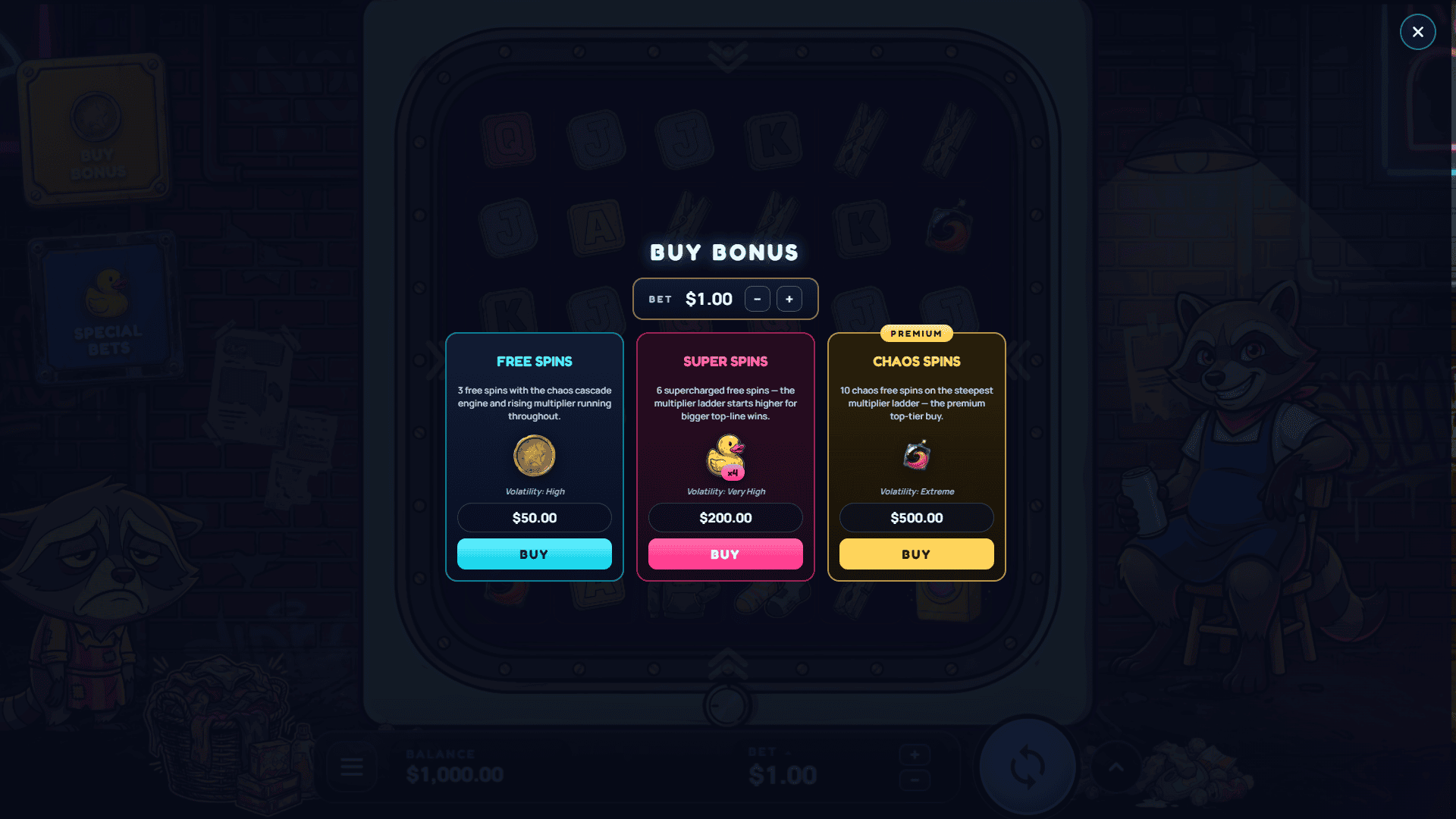Spin Cycle bonus buy menu