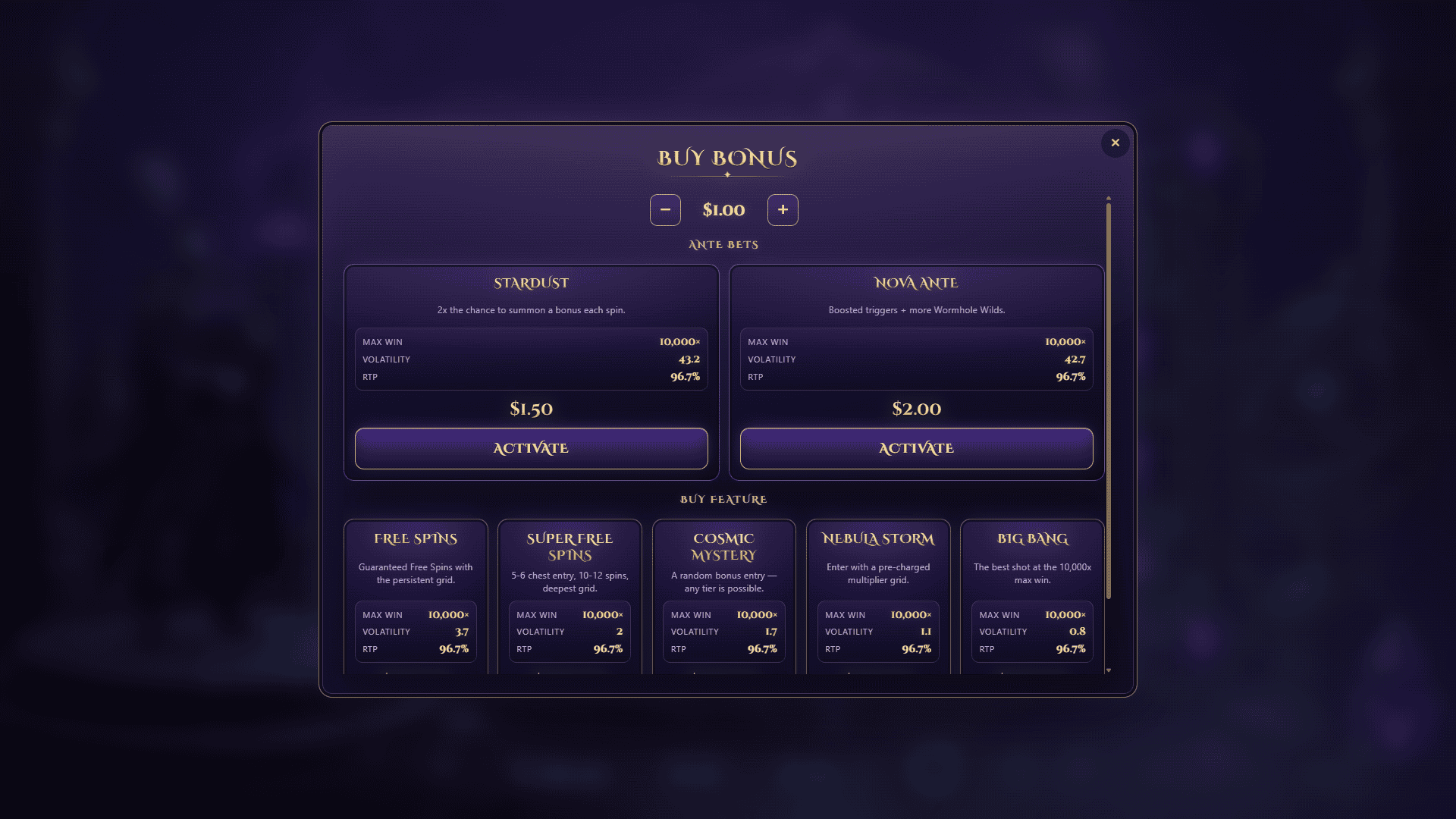Celestia bonus buy menu