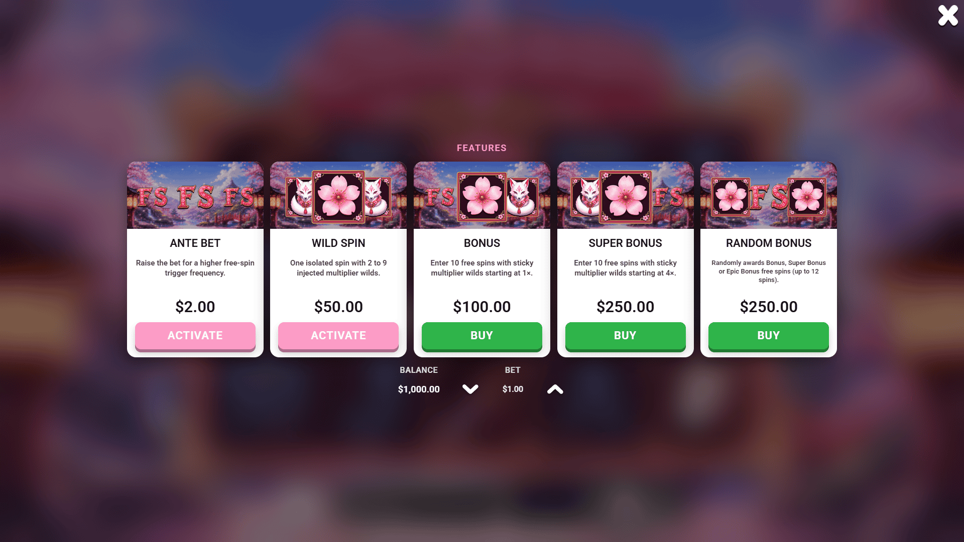 Blossom Wilds bonus buy menu