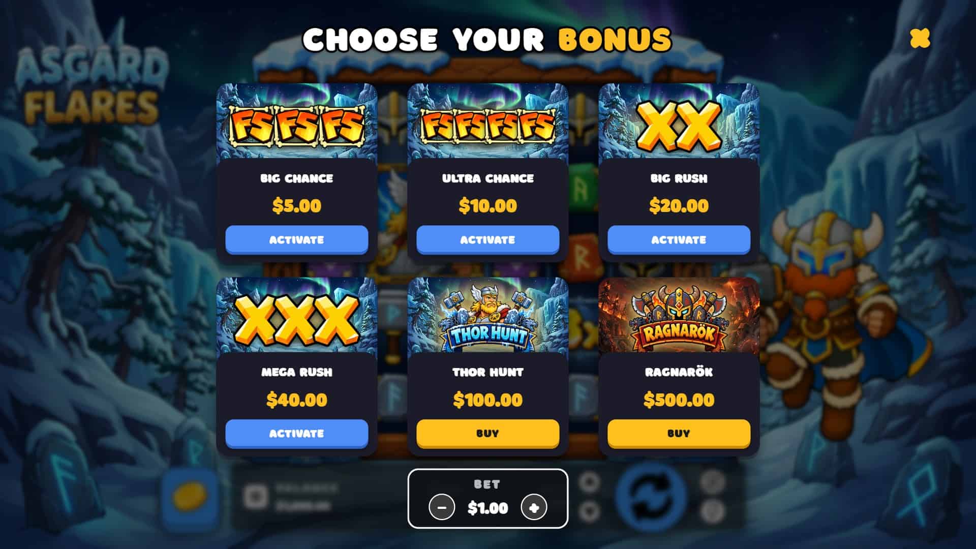 Asgard Flares bonus buy menu