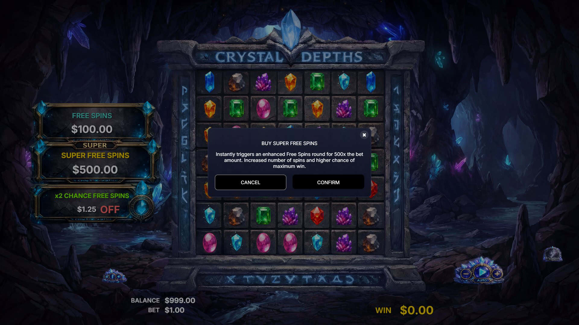 Crystal Depth bonus buy menu
