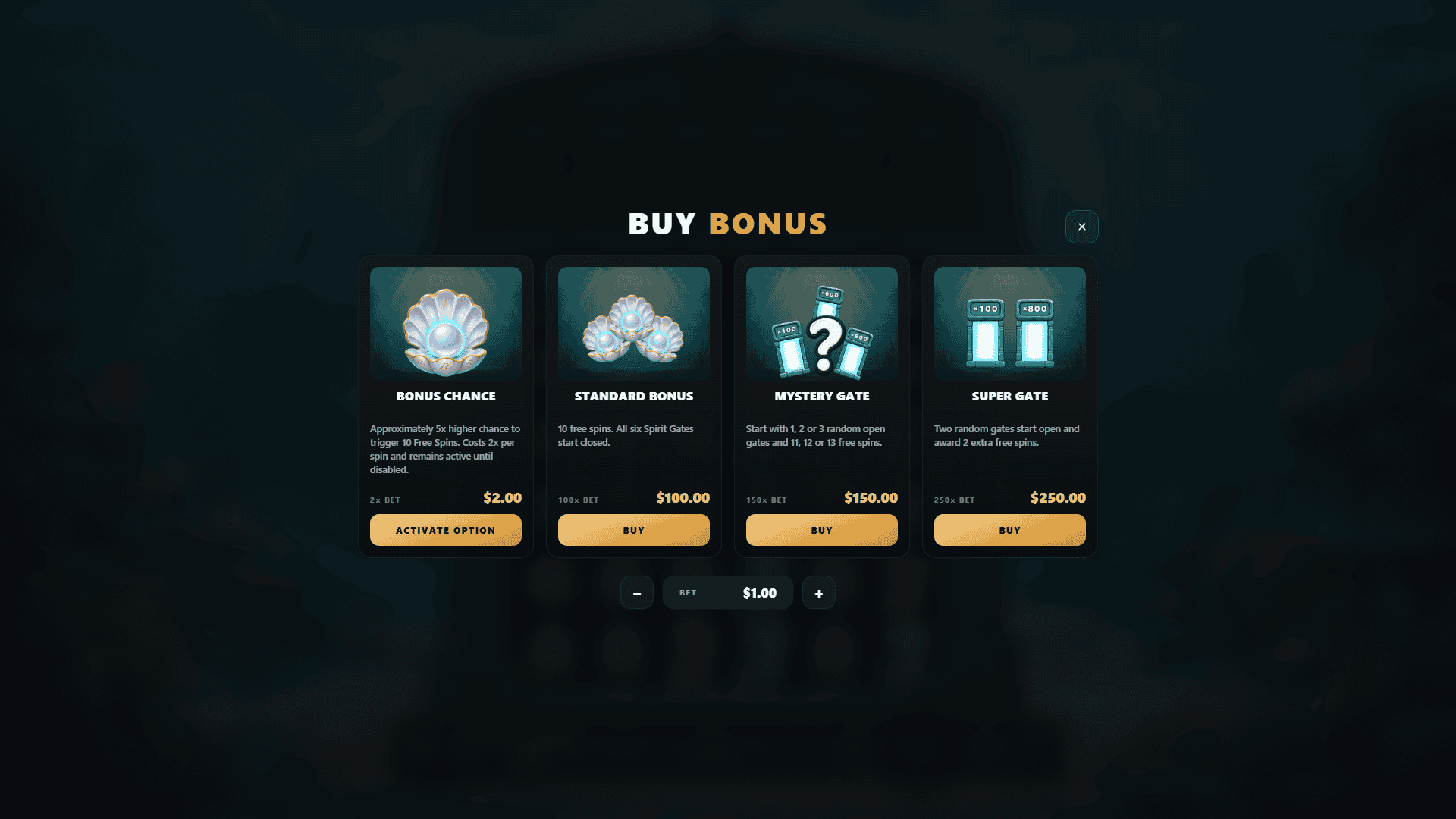 Spirit Gates Cluster Pays bonus buy menu