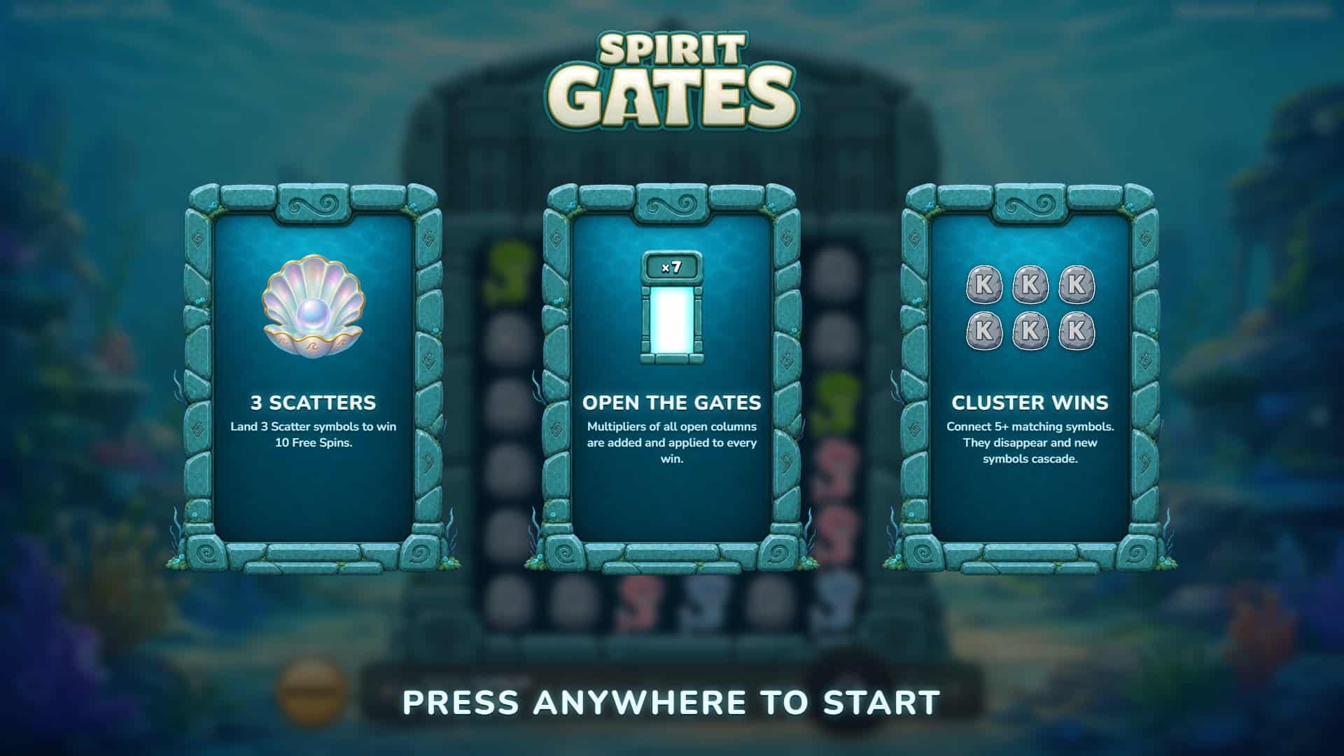 Spirit Gates Cluster Pays slot intro screen