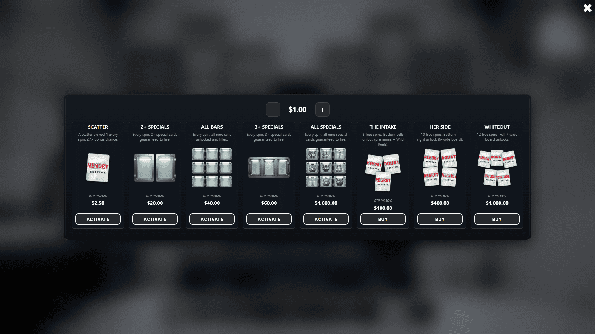The White Room bonus buy menu