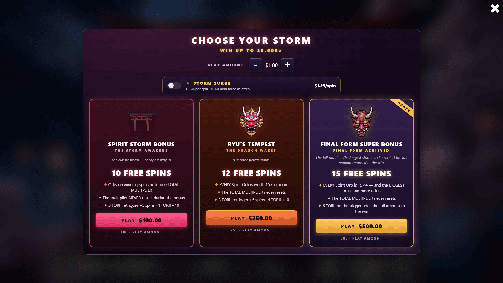 Sakura Storm bonus buy menu