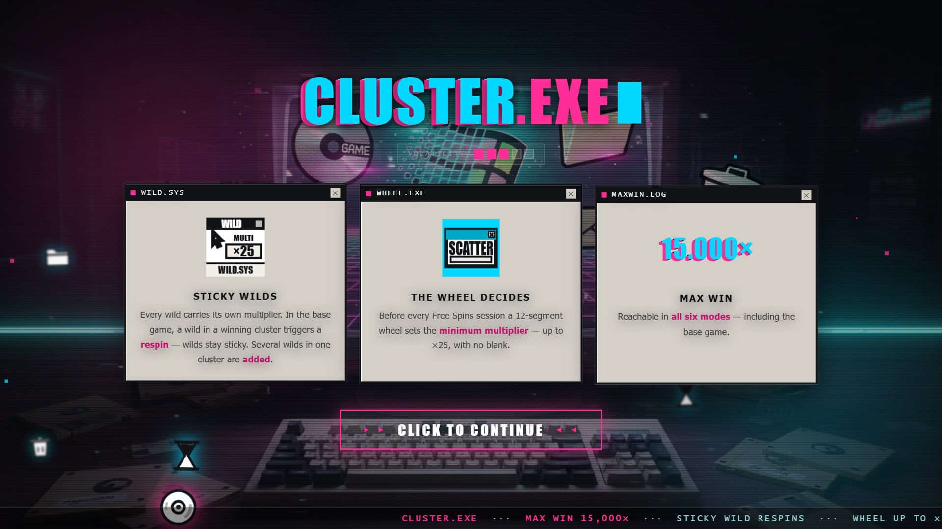 CLUSTER.EXE slot intro screen