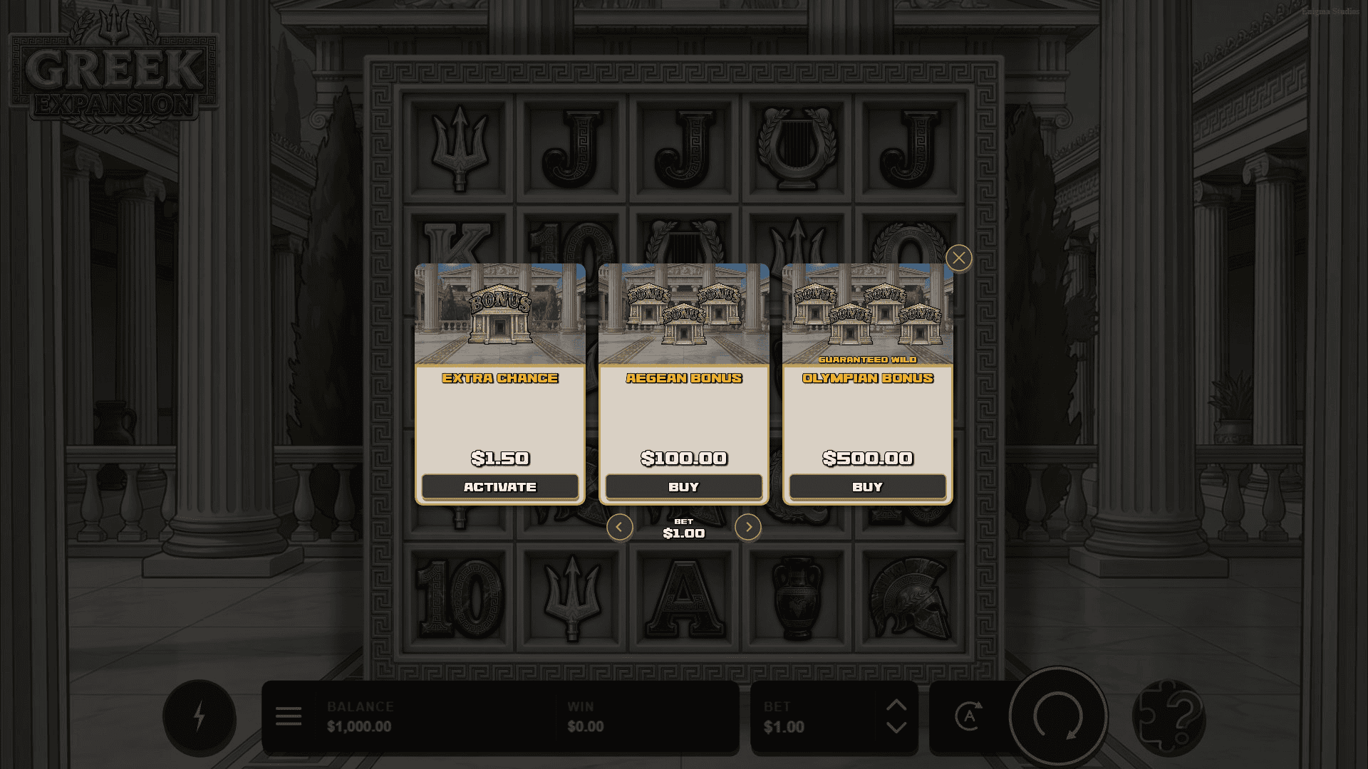 Greek Expansion bonus buy menu