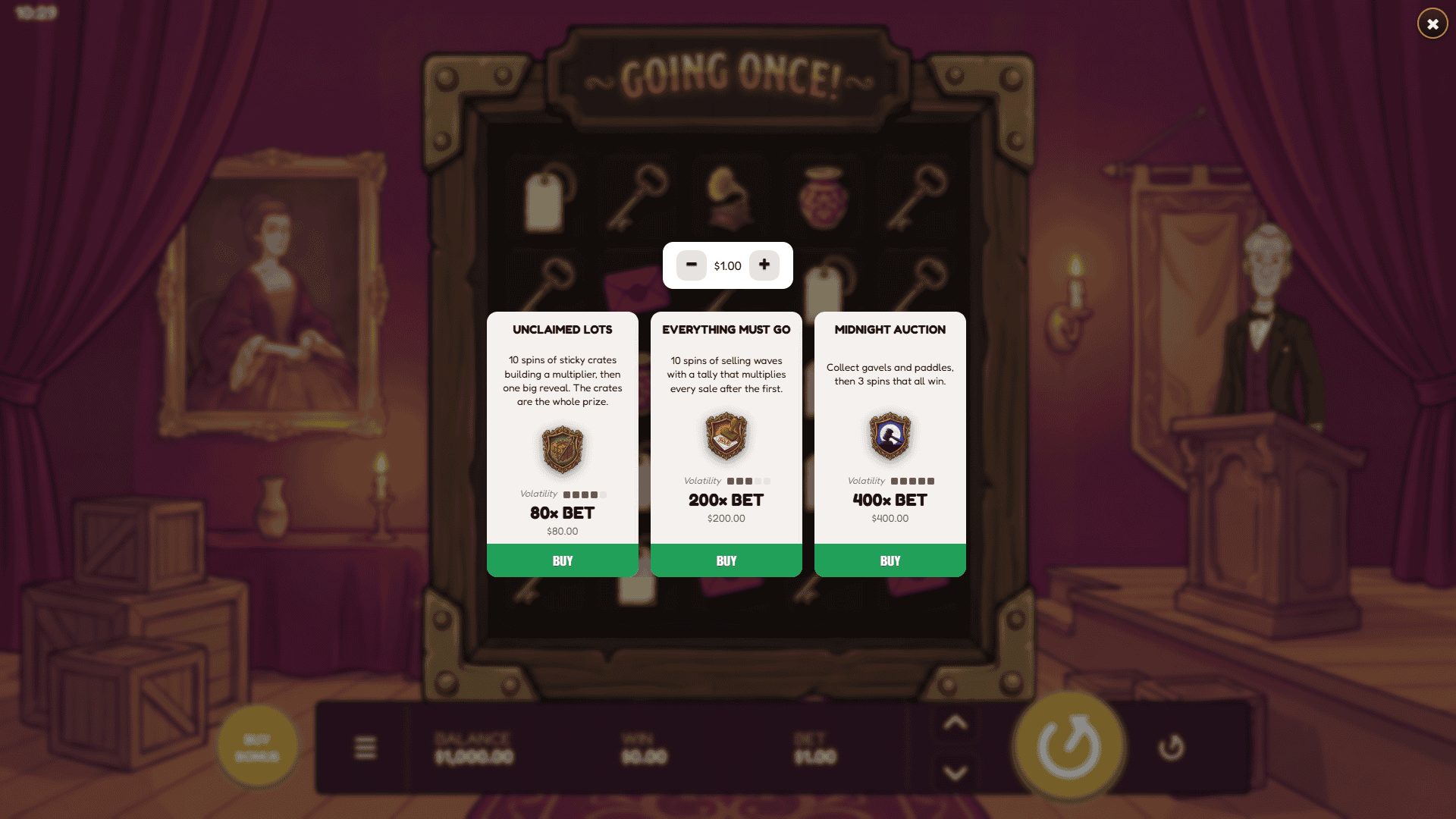 Going Once! bonus buy menu