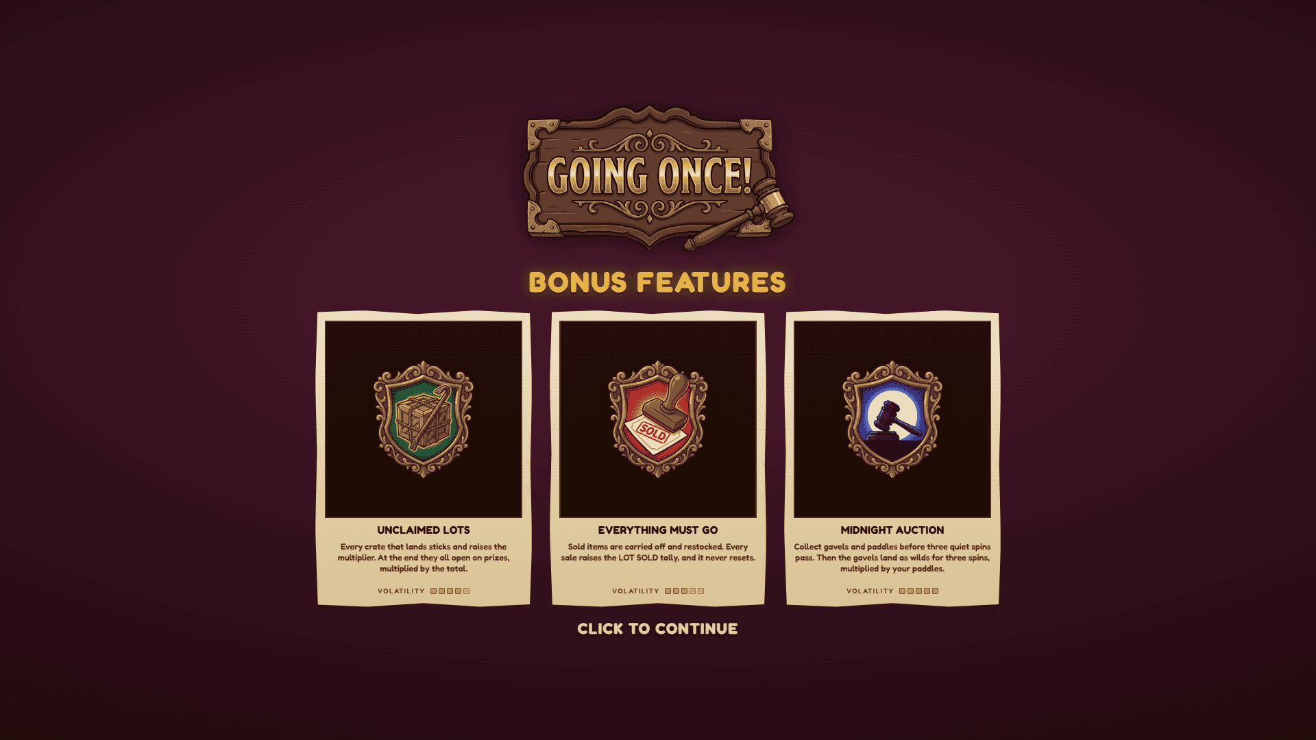 Going Once! slot intro screen