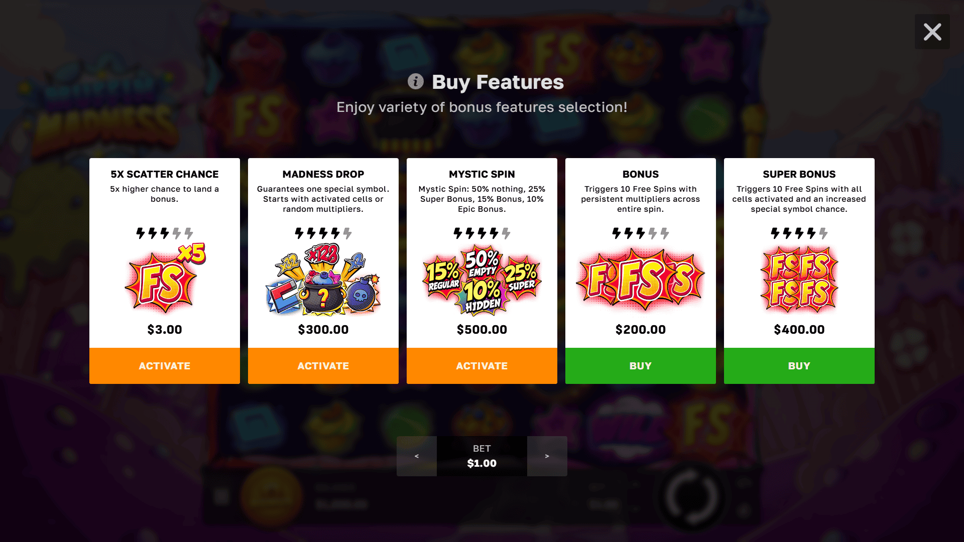 Muffin Madness bonus buy menu