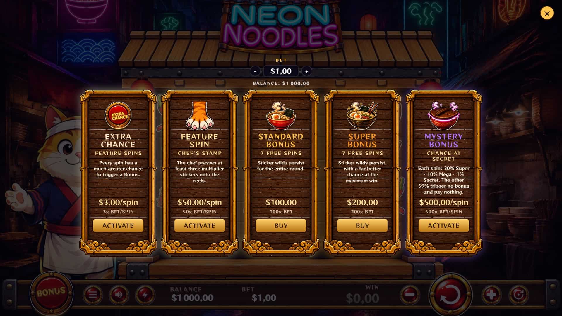 Neon Noodles bonus buy menu