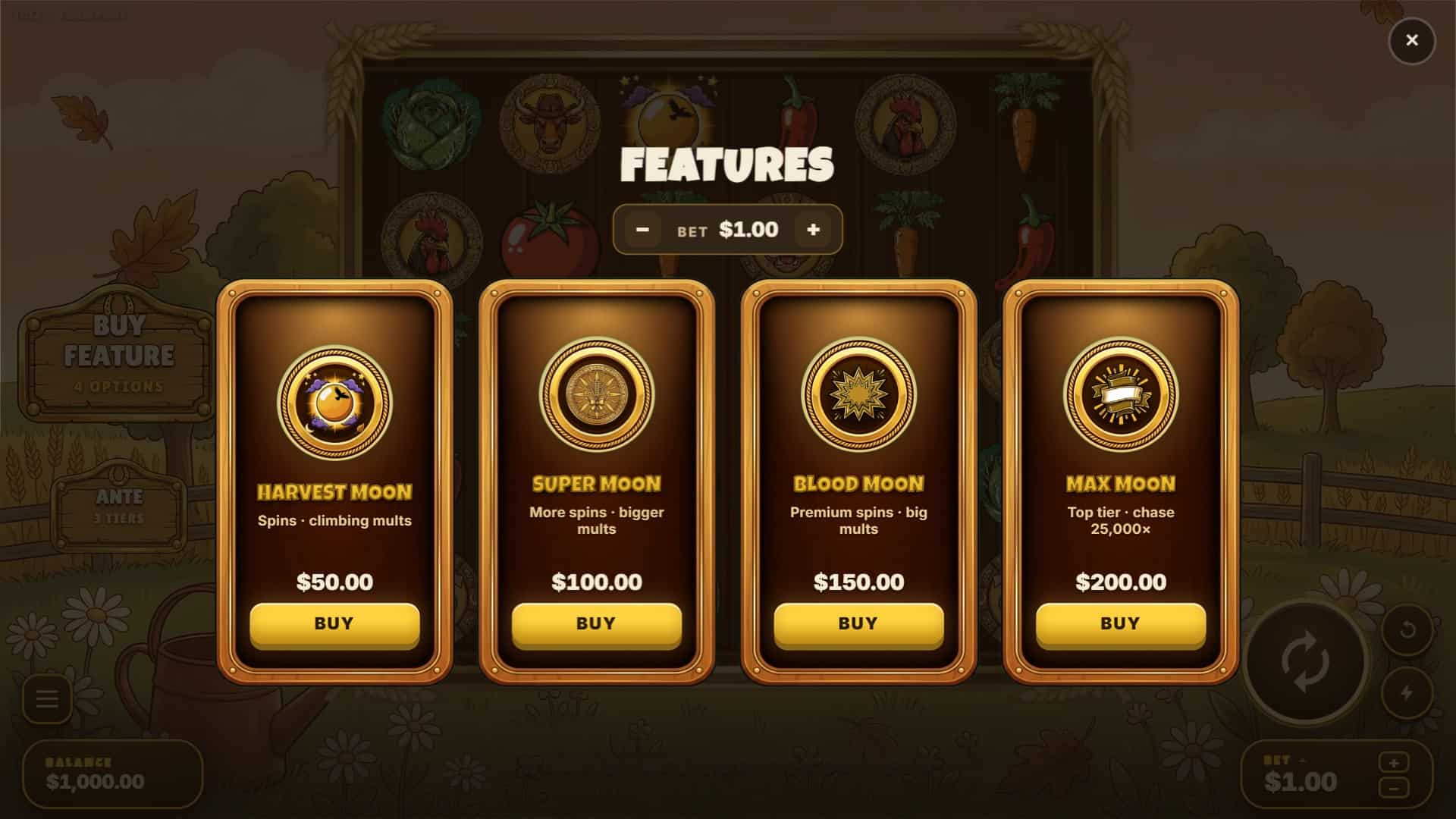 Farm Fury bonus buy menu