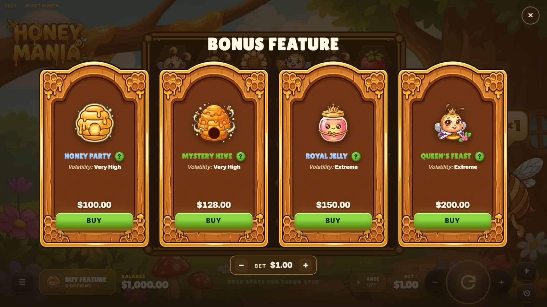 Honey Mania bonus buy menu