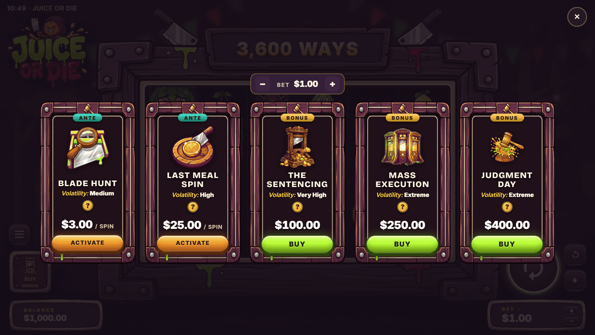 Juice or Die Bonus Buy bonus buy menu