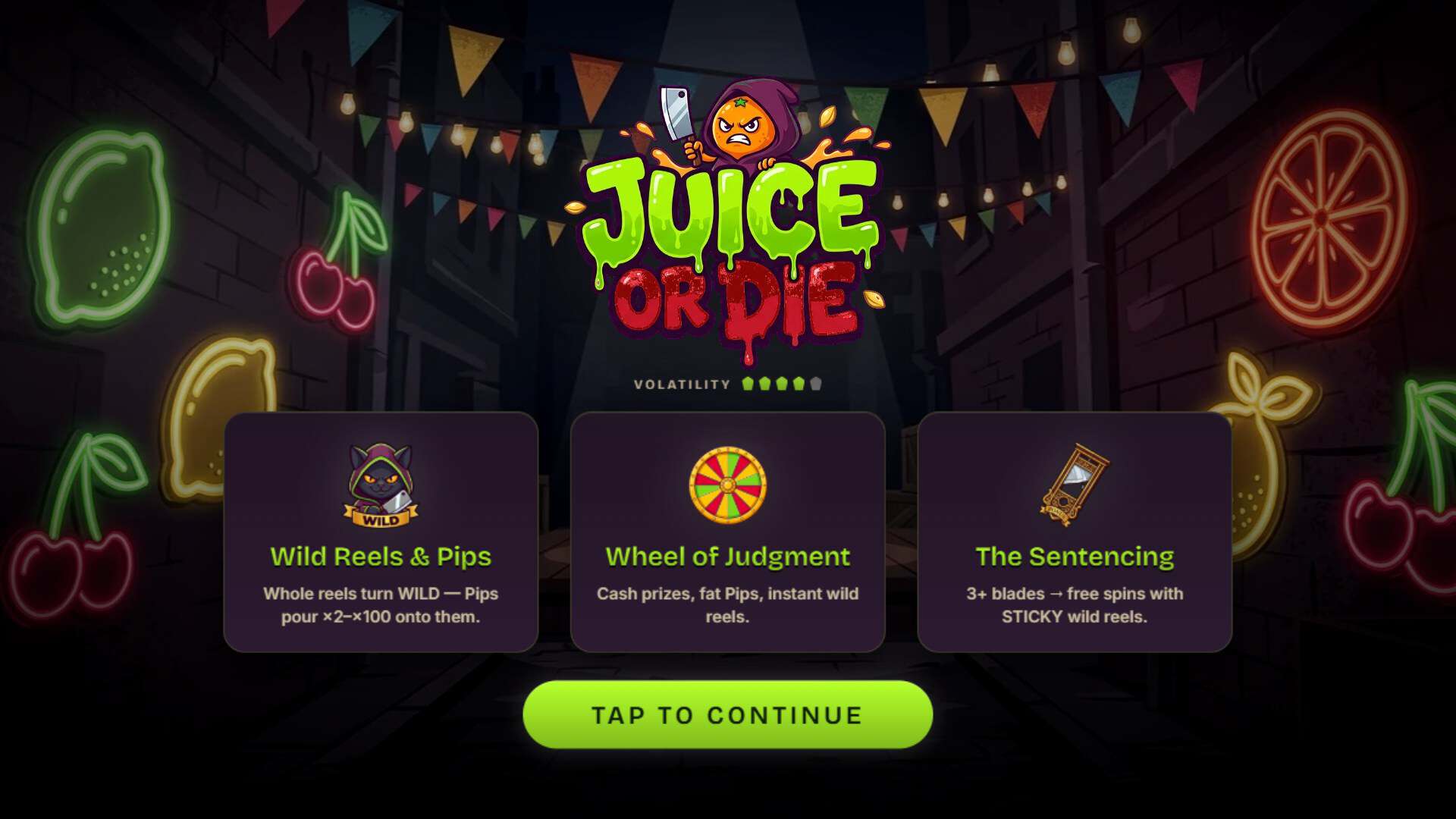 Juice or Die Bonus Buy slot intro screen