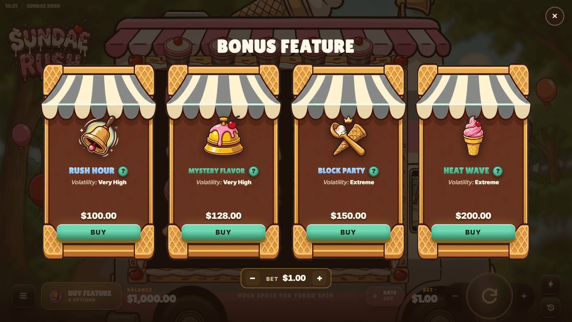 Sundae Rush bonus buy menu