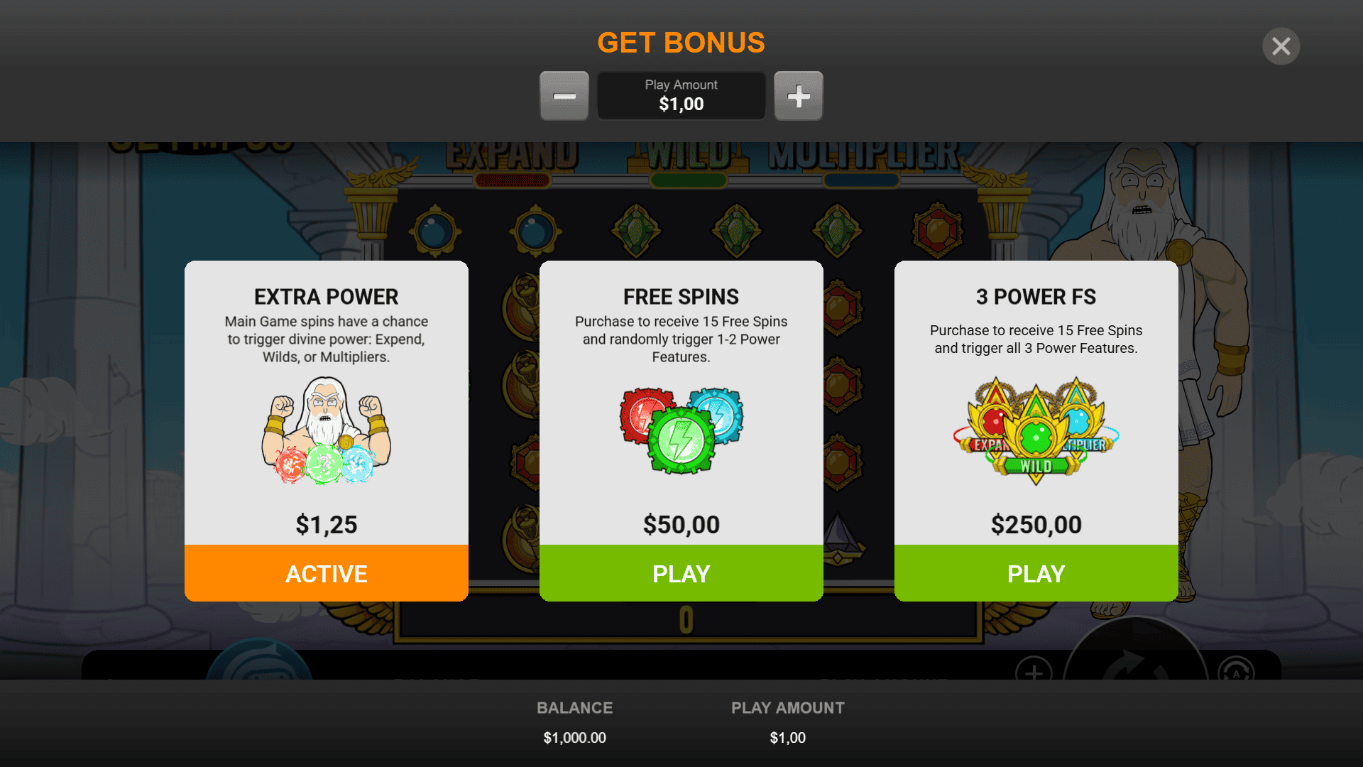 Holy Olympus bonus buy menu