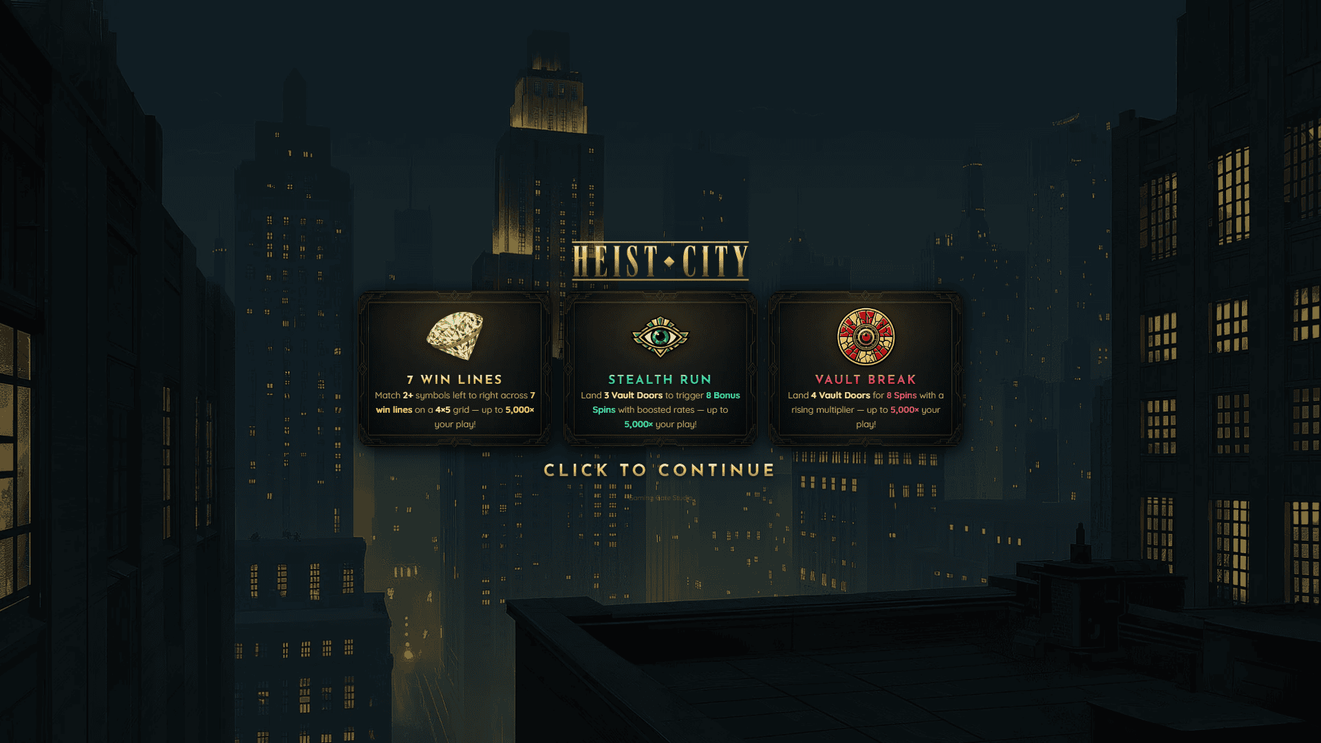 Heist City slot intro screen