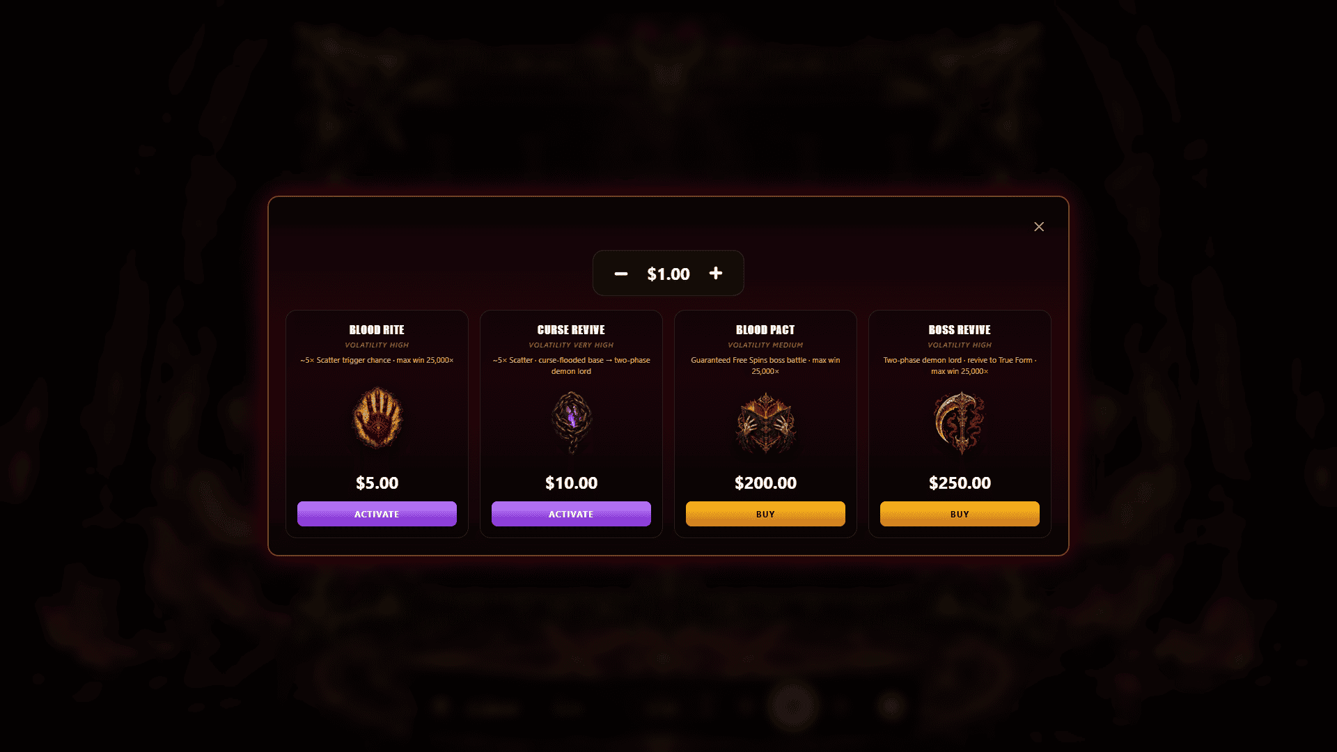 Crimson Pact bonus buy menu