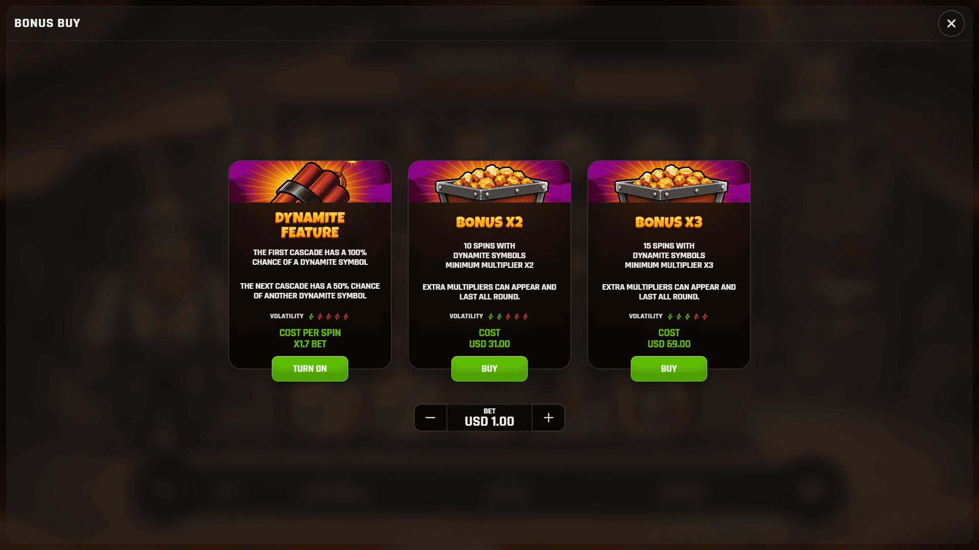 Monty Dynamiter bonus buy menu