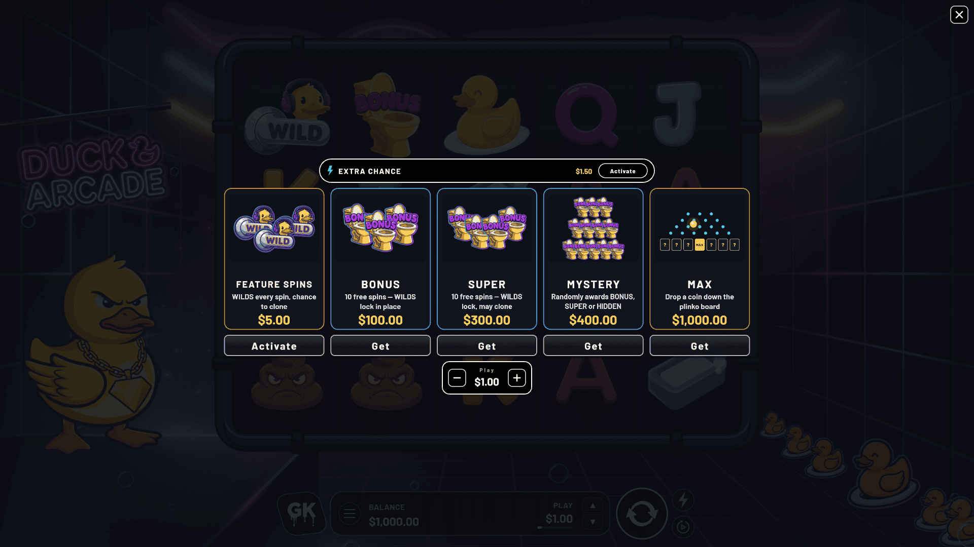 Duck Arcade bonus buy menu