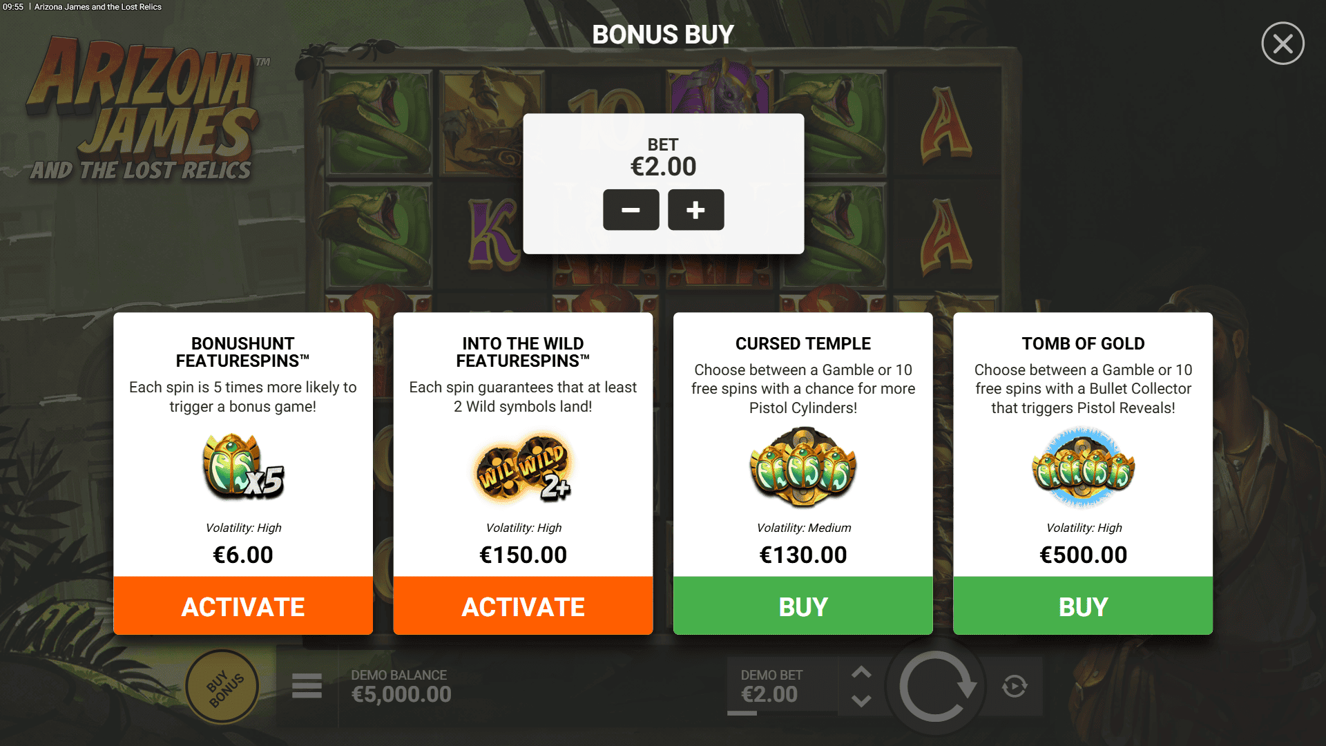 Arizona James and the Lost Relics bonus buy menu