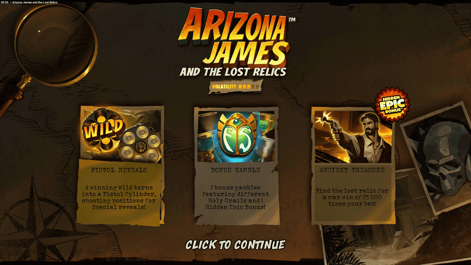 Arizona James and the Lost Relics slot intro screen