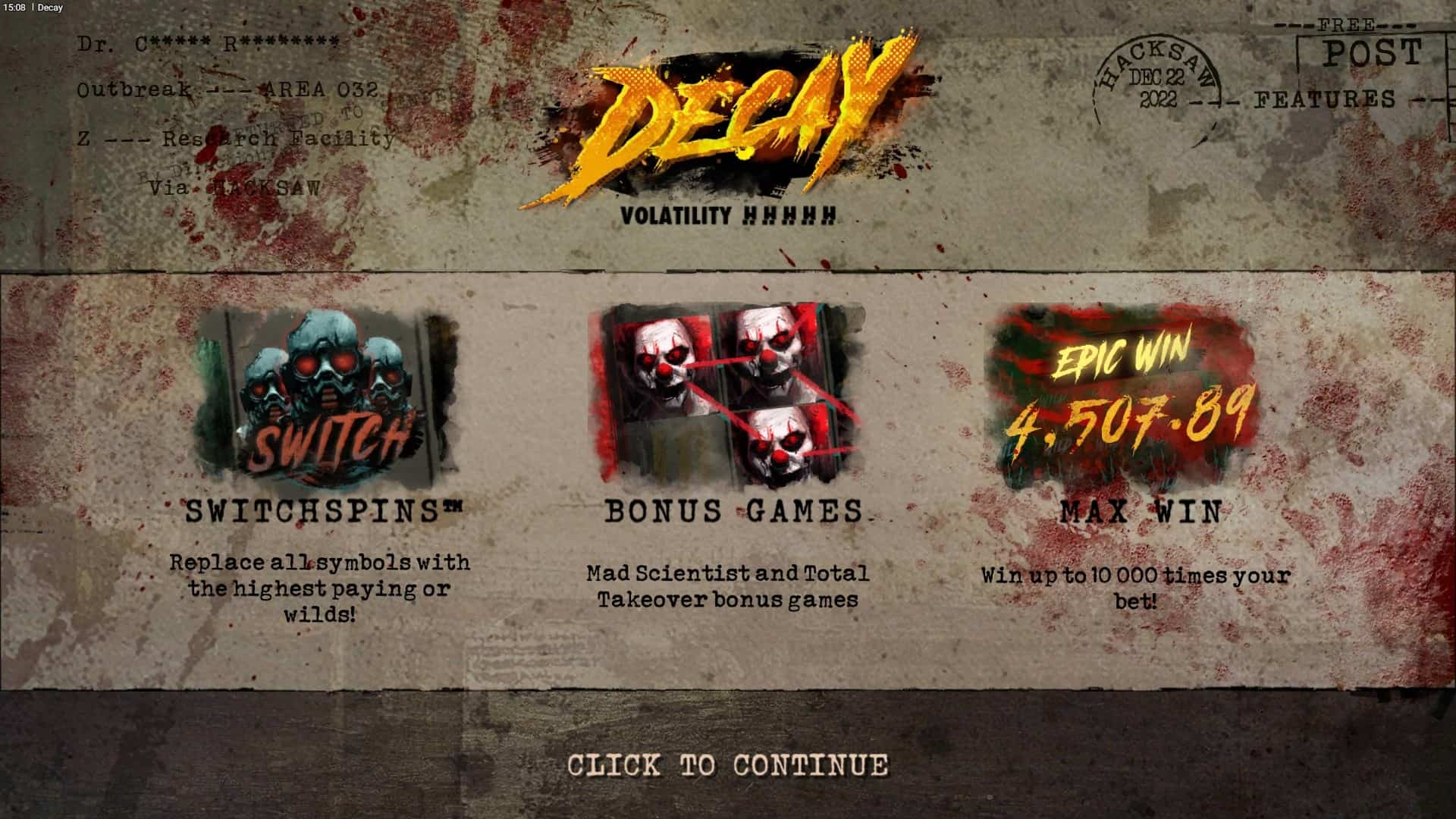 Decay slot intro screen