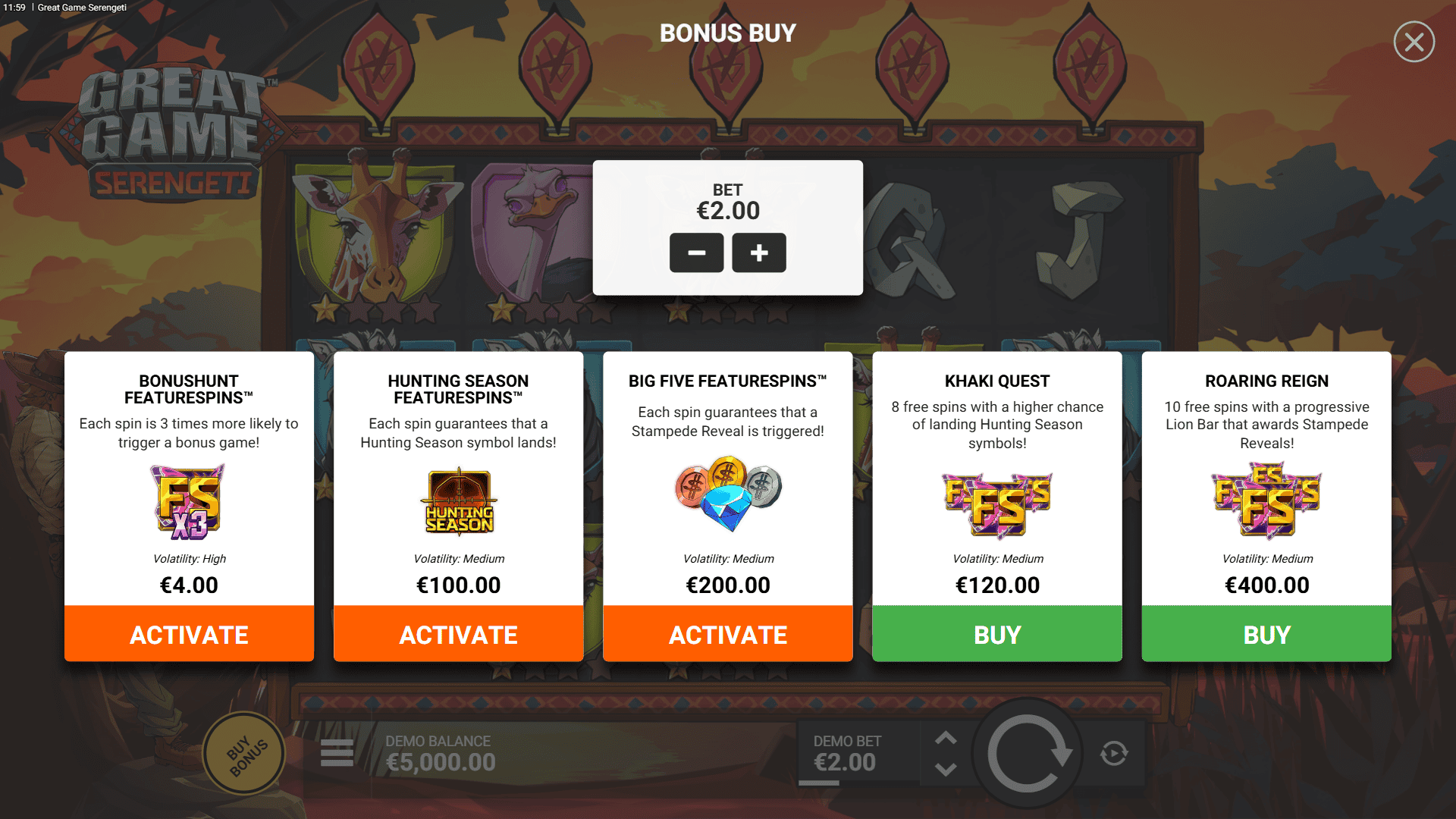 Great Game Serengeti bonus buy menu