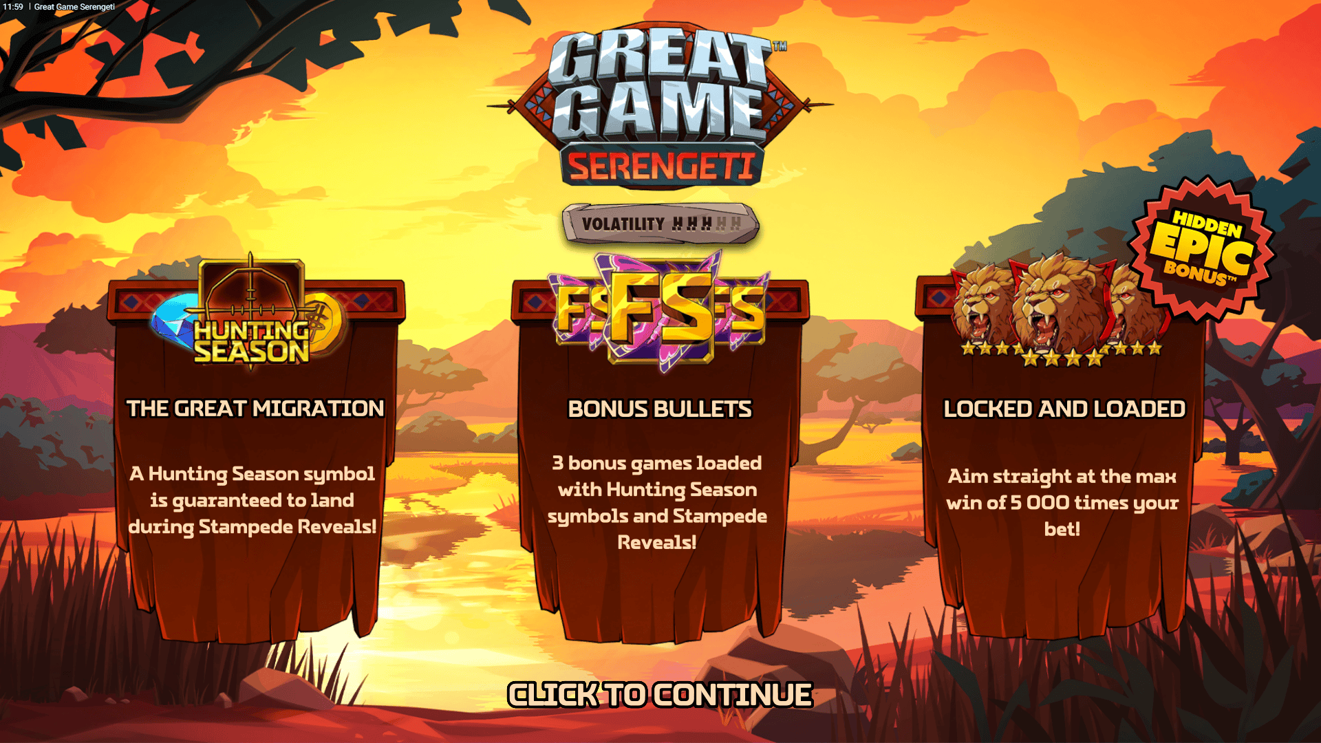 Great Game Serengeti slot intro screen